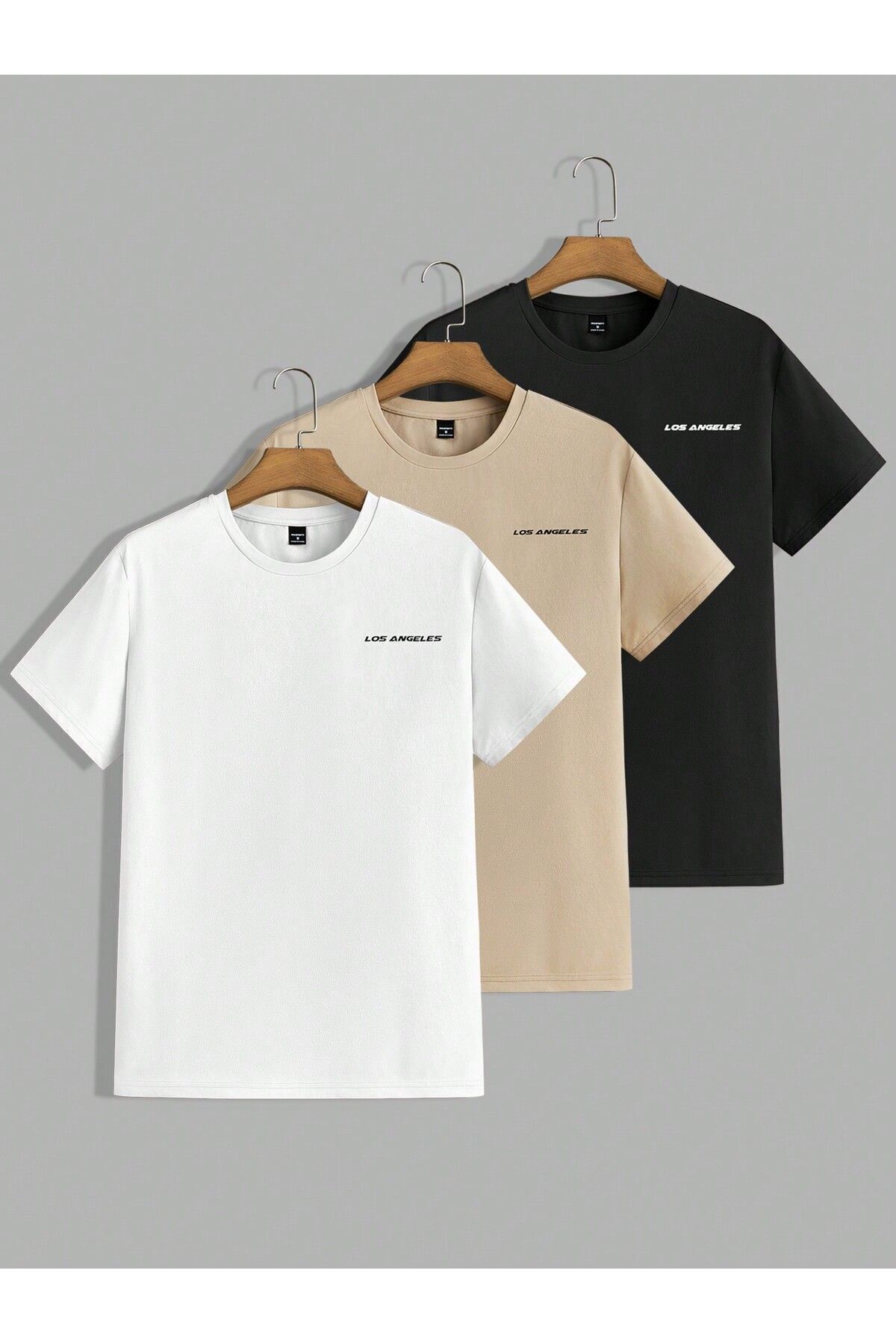 FoxSkin Sportswear&Company 3'lü Los Angeles Tişört - Siyah Bej Beyaz Baskılı Oversize Yazlık T-Shirt Bisiklet Yaka