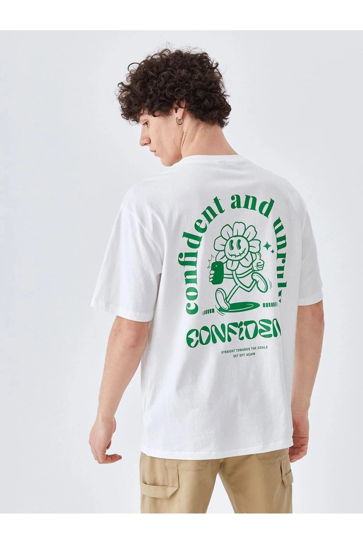 FoxSkin Sportswear&Company Confident Tişört - Beyaz Baskılı Oversize Yazlık Kısa Kol T-Shirt Bisiklet Yaka