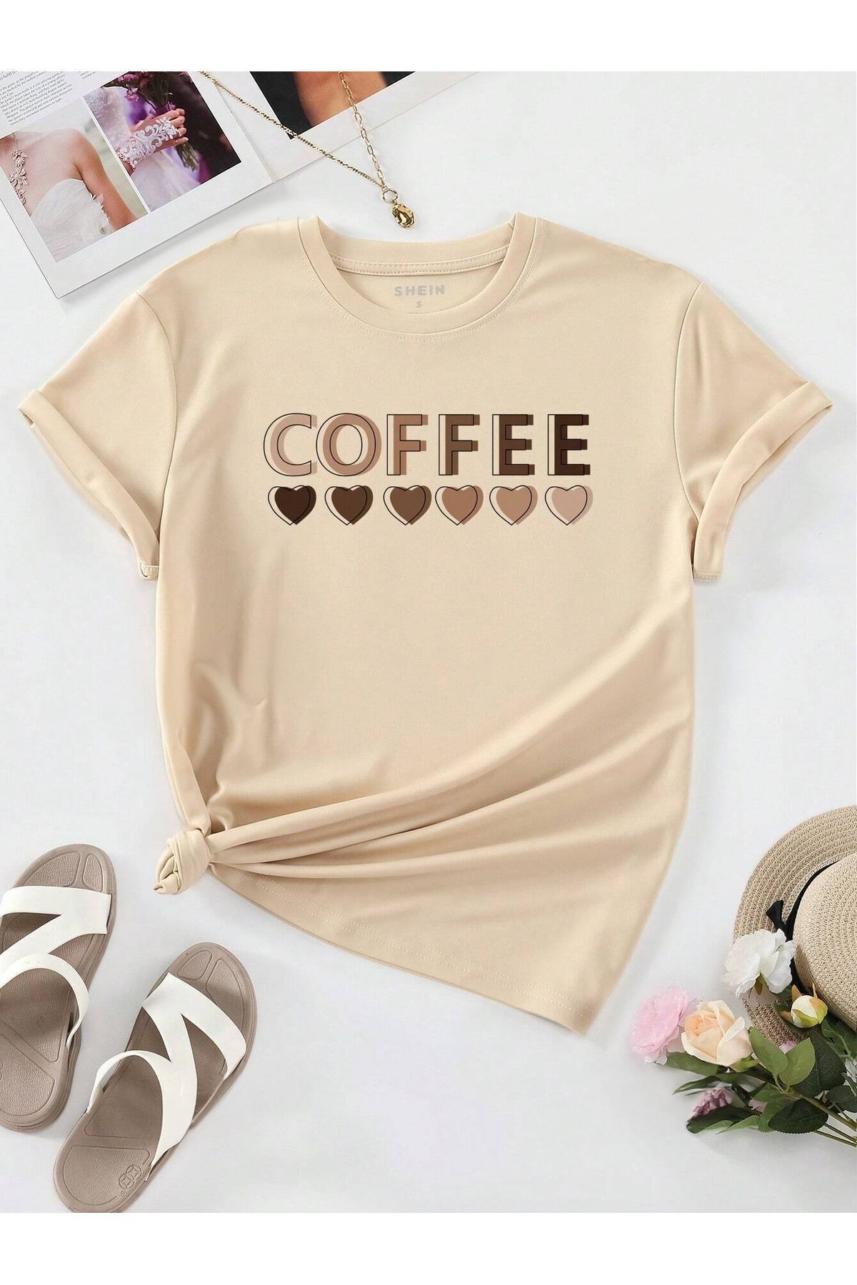 FoxSkin Sportswear&Company Coffee Kalpler Tişört - Bej Baskılı Oversize Yazlık Kısa Kol T-Shirt Bisiklet Yaka