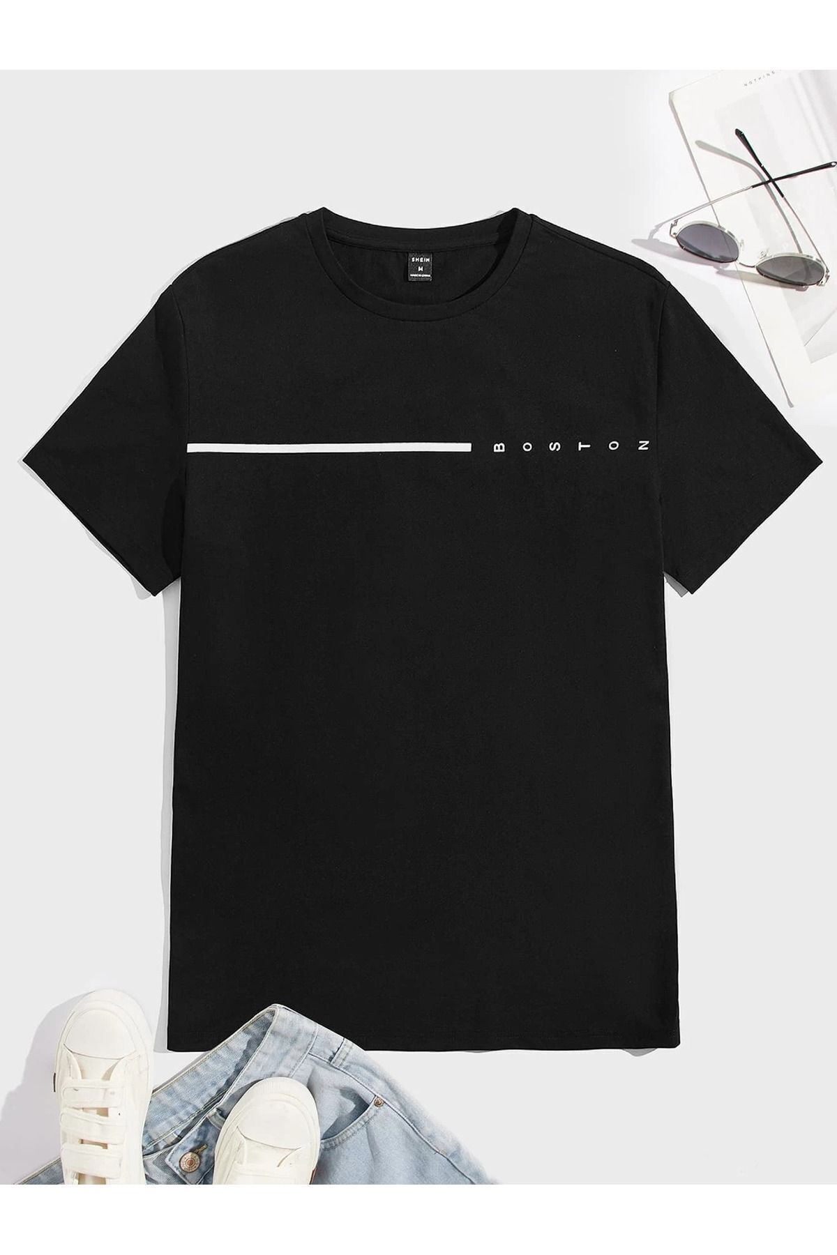 FoxSkin Sportswear&Company Boston Çizgi Tişört - Siyah Baskılı Oversize Yazlık Kısa Kol T-Shirt Bisiklet Yaka
