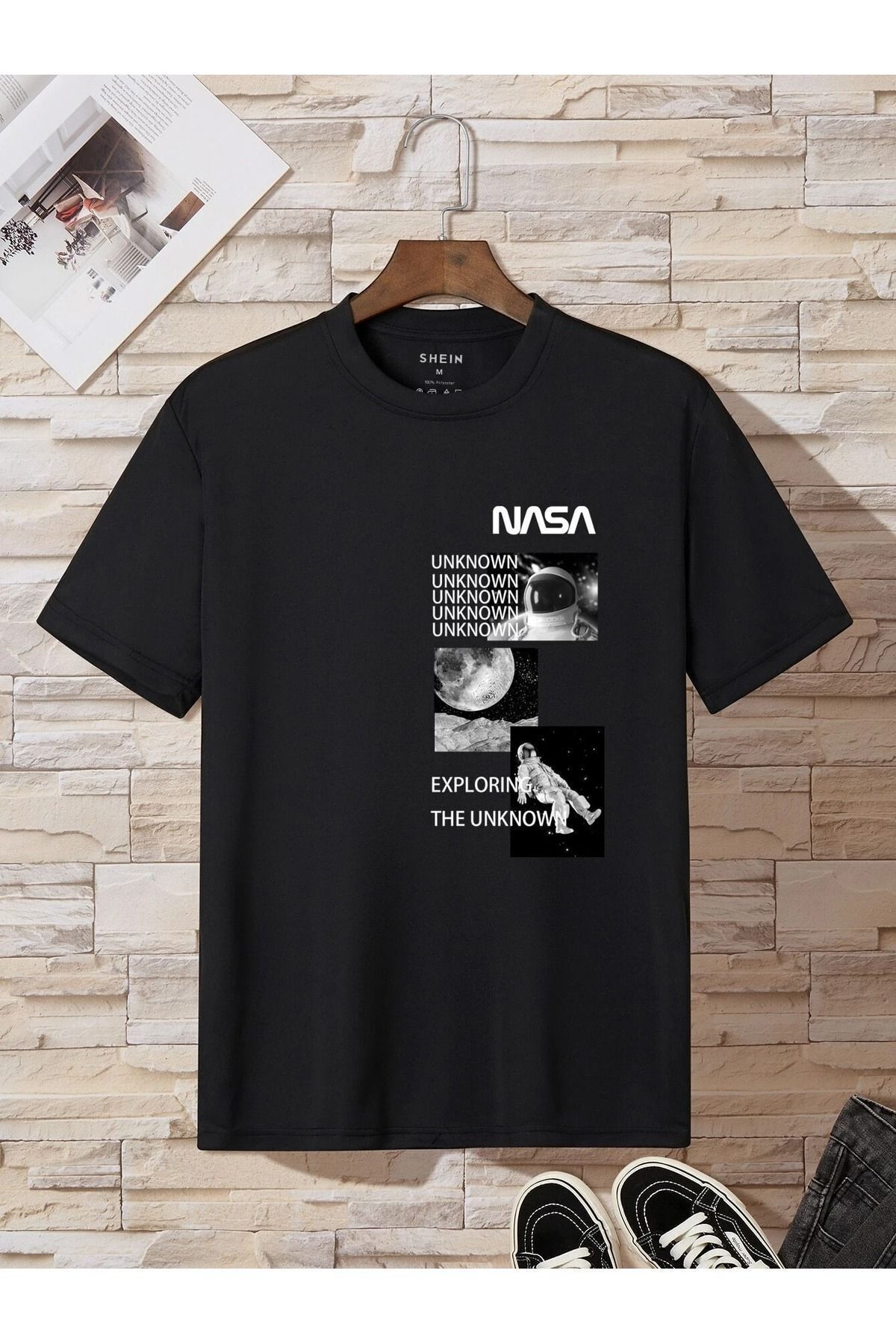FoxSkin Sportswear&Company Nasa Exploring Tişört - Siyah Baskılı Oversize Yazlık Kısa Kol T-Shirt Bisiklet Yaka