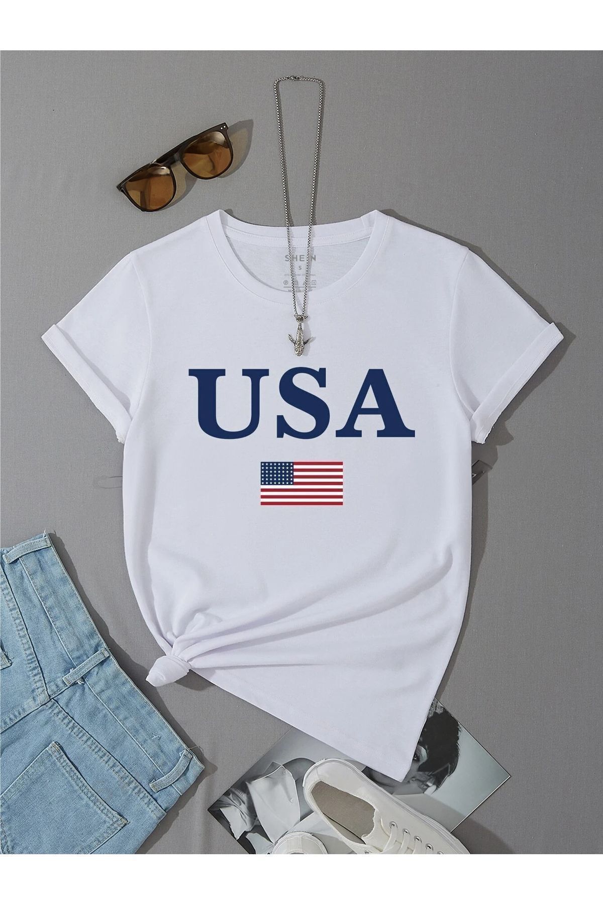 FoxSkin Sportswear&Company Usa Bayrak Tişört - Beyaz Baskılı Oversize Yazlık Kısa Kol T-Shirt Bisiklet Yaka