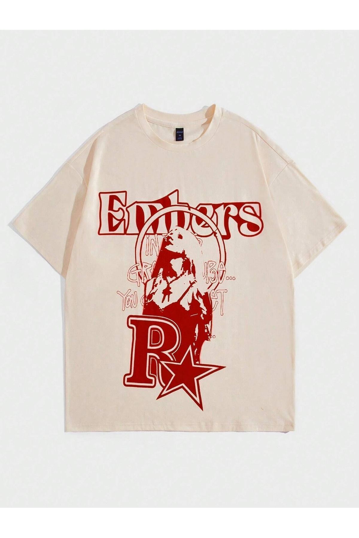 FoxSkin Sportswear&Company Embers Tişört - Bej Baskılı Oversize Yazlık Kısa Kol T-Shirt Bisiklet Yaka
