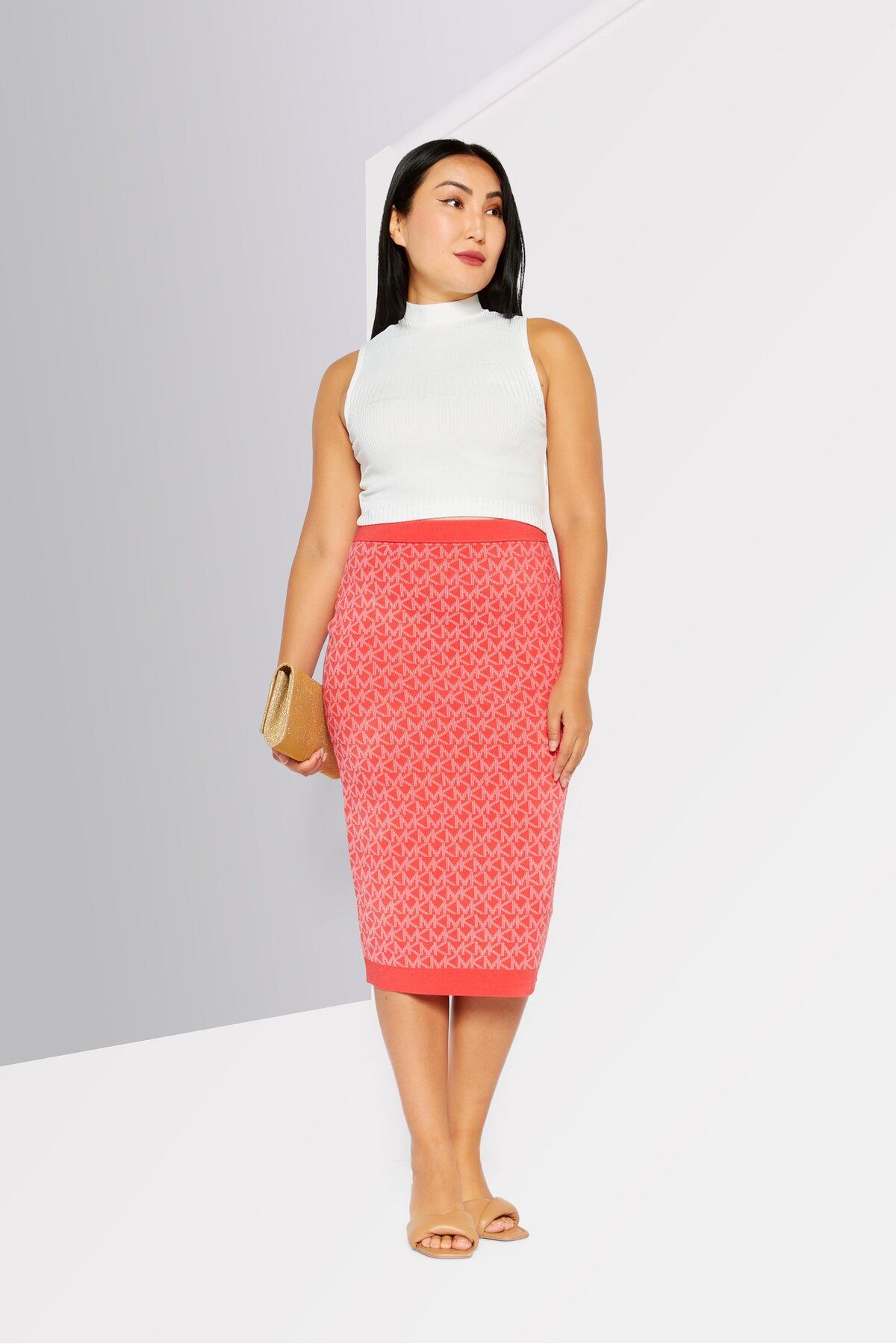 Michael Kors-Women Textured Casual Midi Skirt, Pink 2