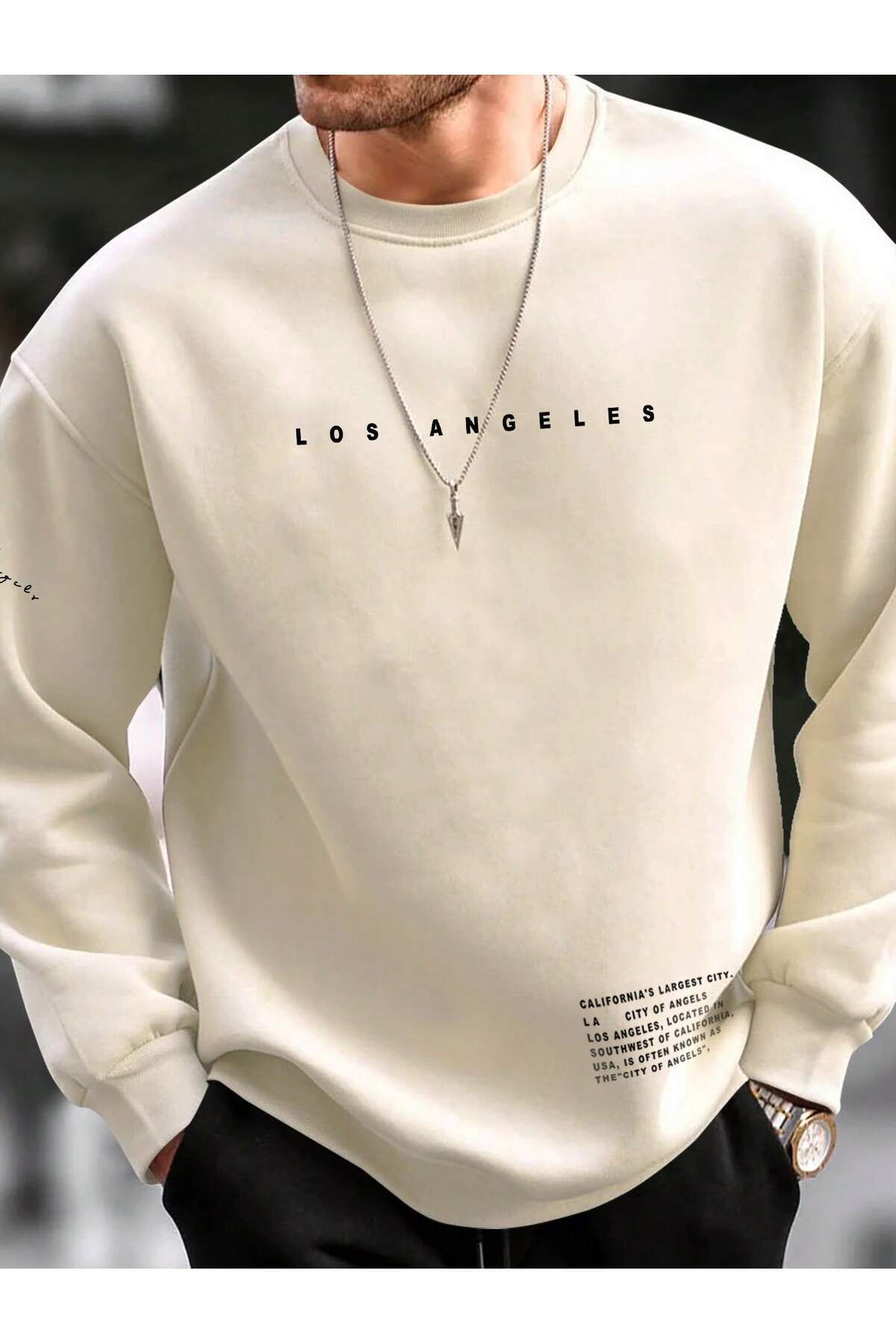 FoxSkin Sportswear&Company Los Angeles Detay Yazı Kalın Kışlık Sweatshirt - Bej Baskılı Oversize Şardonlu Bisiklet Yaka