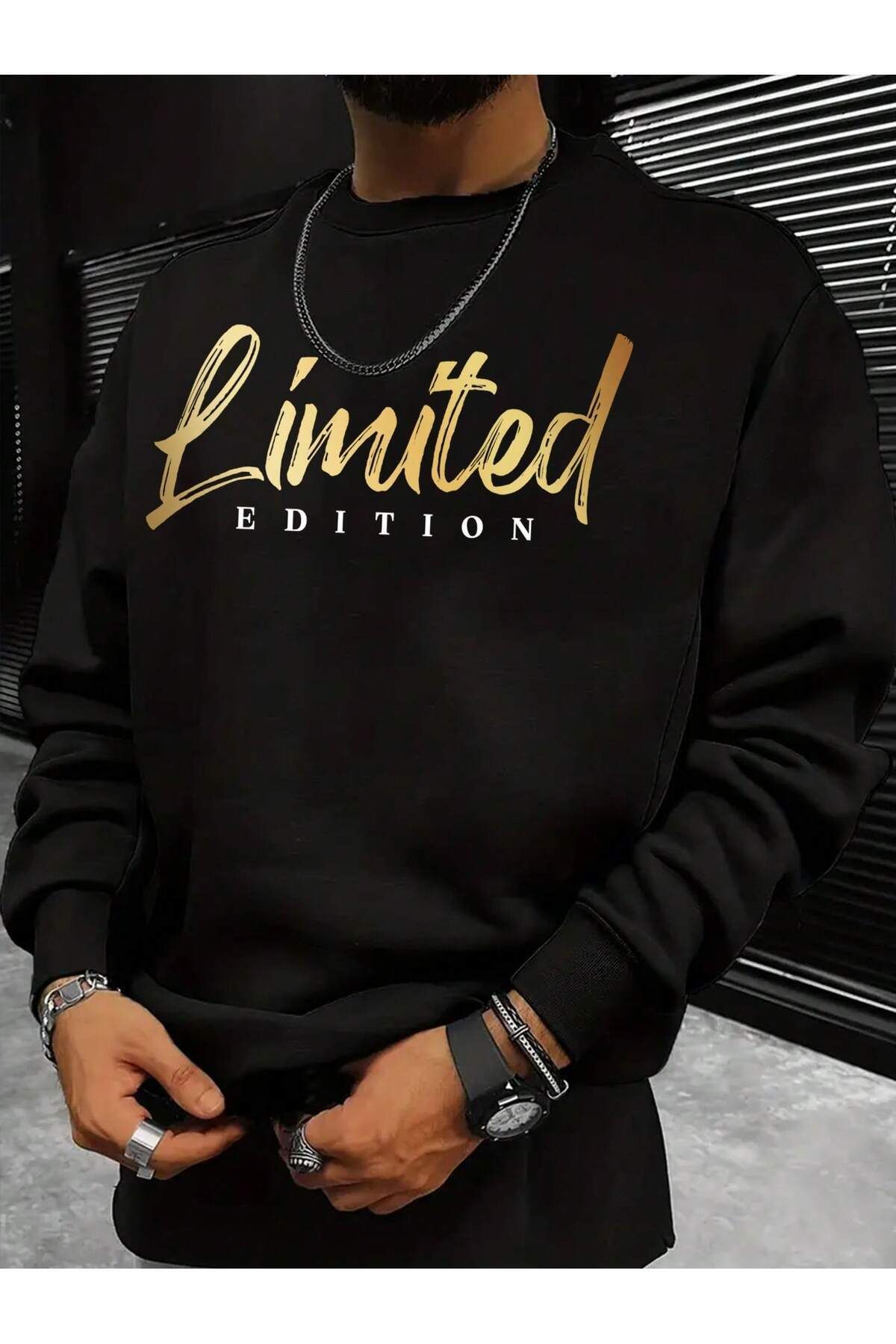 FoxSkin Sportswear&Company Limited Edition Kalın Kışlık Sweatshirt - Siyah Baskılı Oversize Şardonlu Bisiklet Yaka
