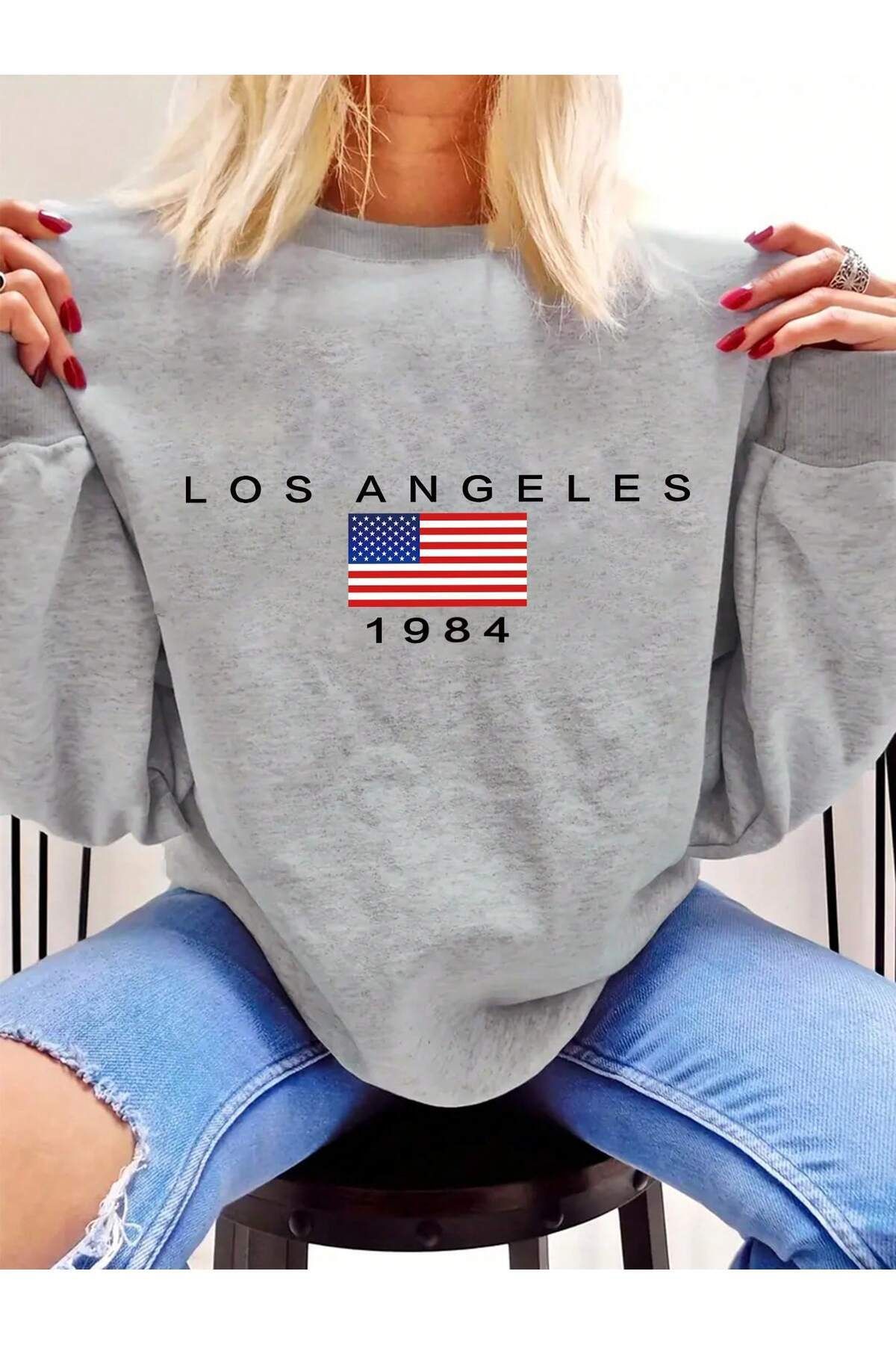 FoxSkin Sportswear&Company Los Angeles 1984 Kalın Kışlık Sweatshirt - Gri Baskılı Oversize Şardonlu Bisiklet Yaka
