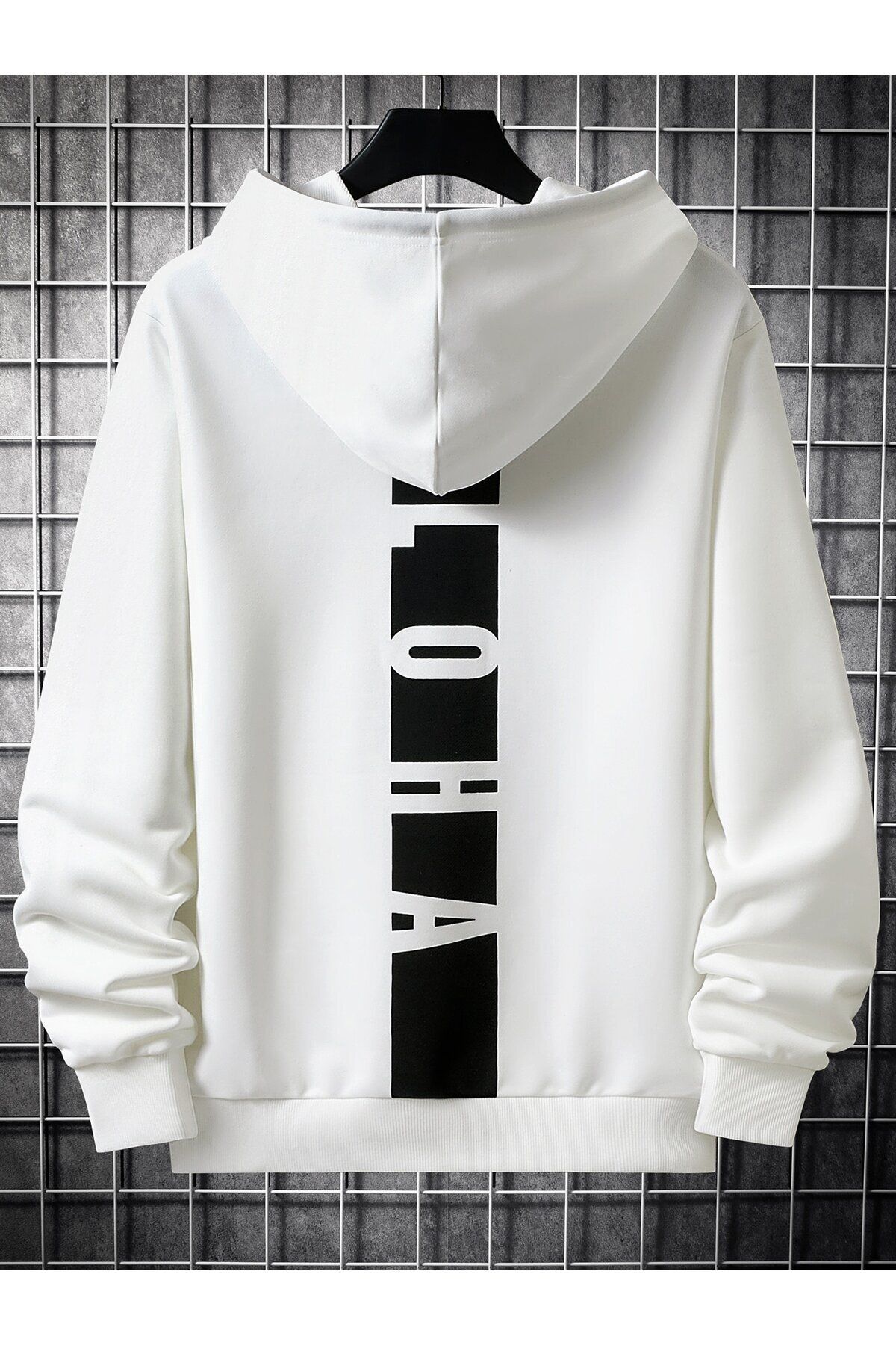 FoxSkin Sportswear&Company Aloha Kalın Kışlık Sweatshirt - Beyaz Baskılı Oversize Şardonlu Cepli Kapüşonlu