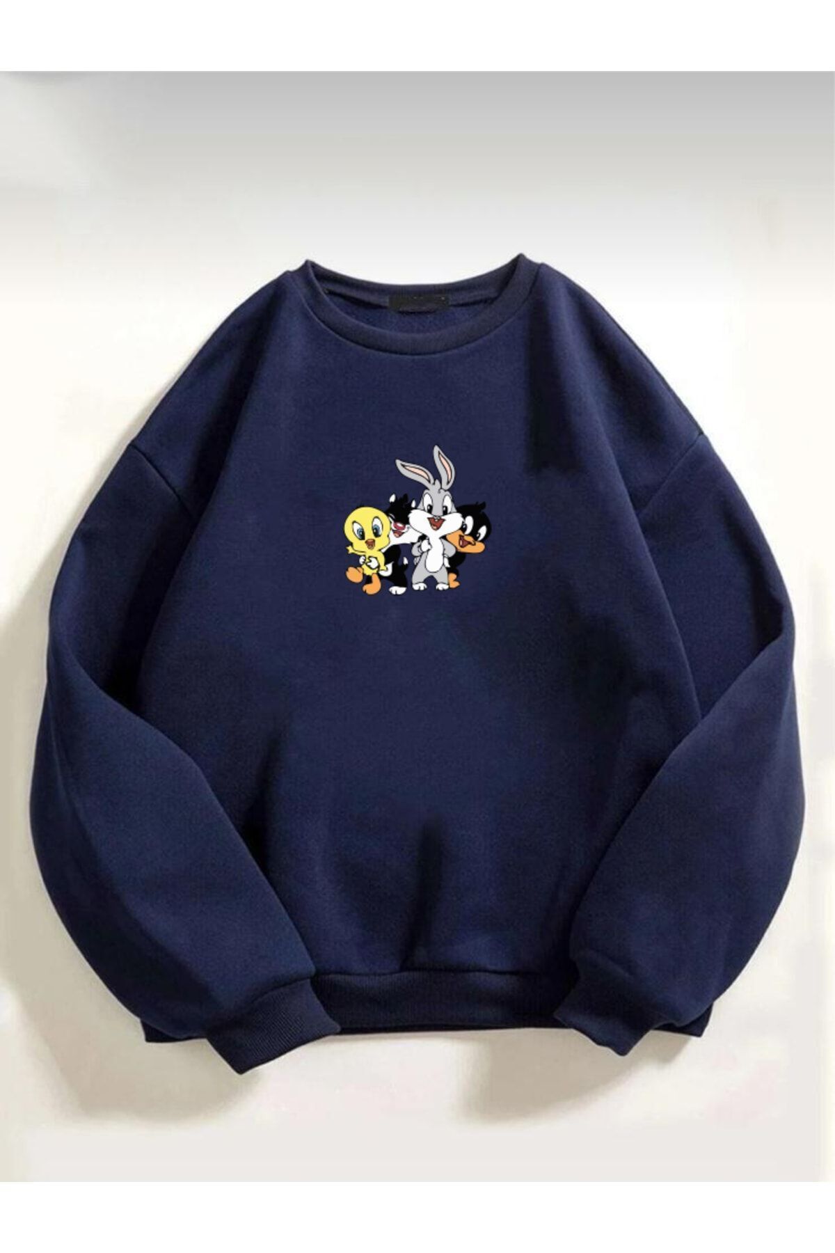 FoxSkin Sportswear&Company Looney Tunes Karekterler Kalın Kışlık Sweatshirt - Lacivert Baskılı Oversize Şardonlu Bisiklet Yaka