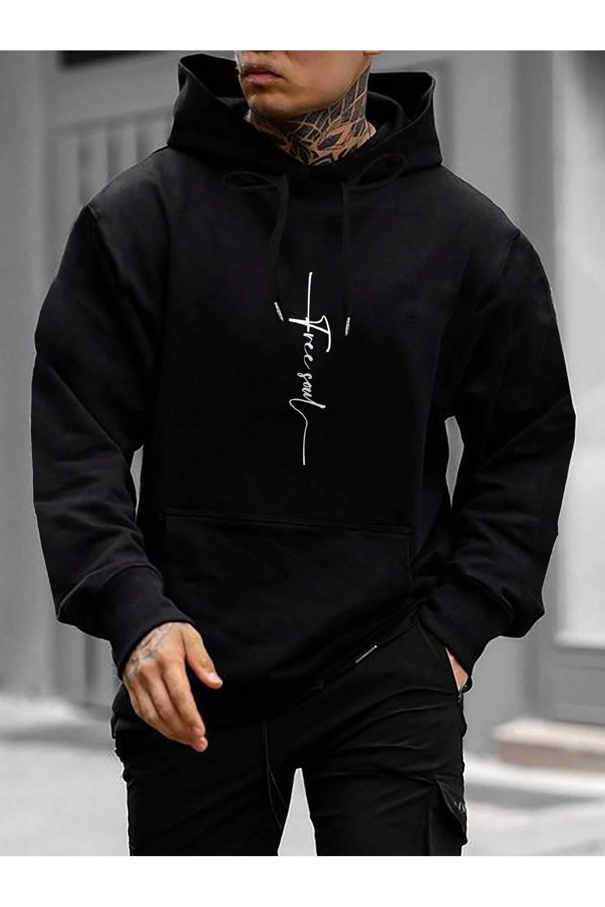 FoxSkin Sportswear&Company Free You Kalın Kışlık Sweatshirt - Siyah Baskılı Oversize Şardonlu Cepli Kapüşonlu