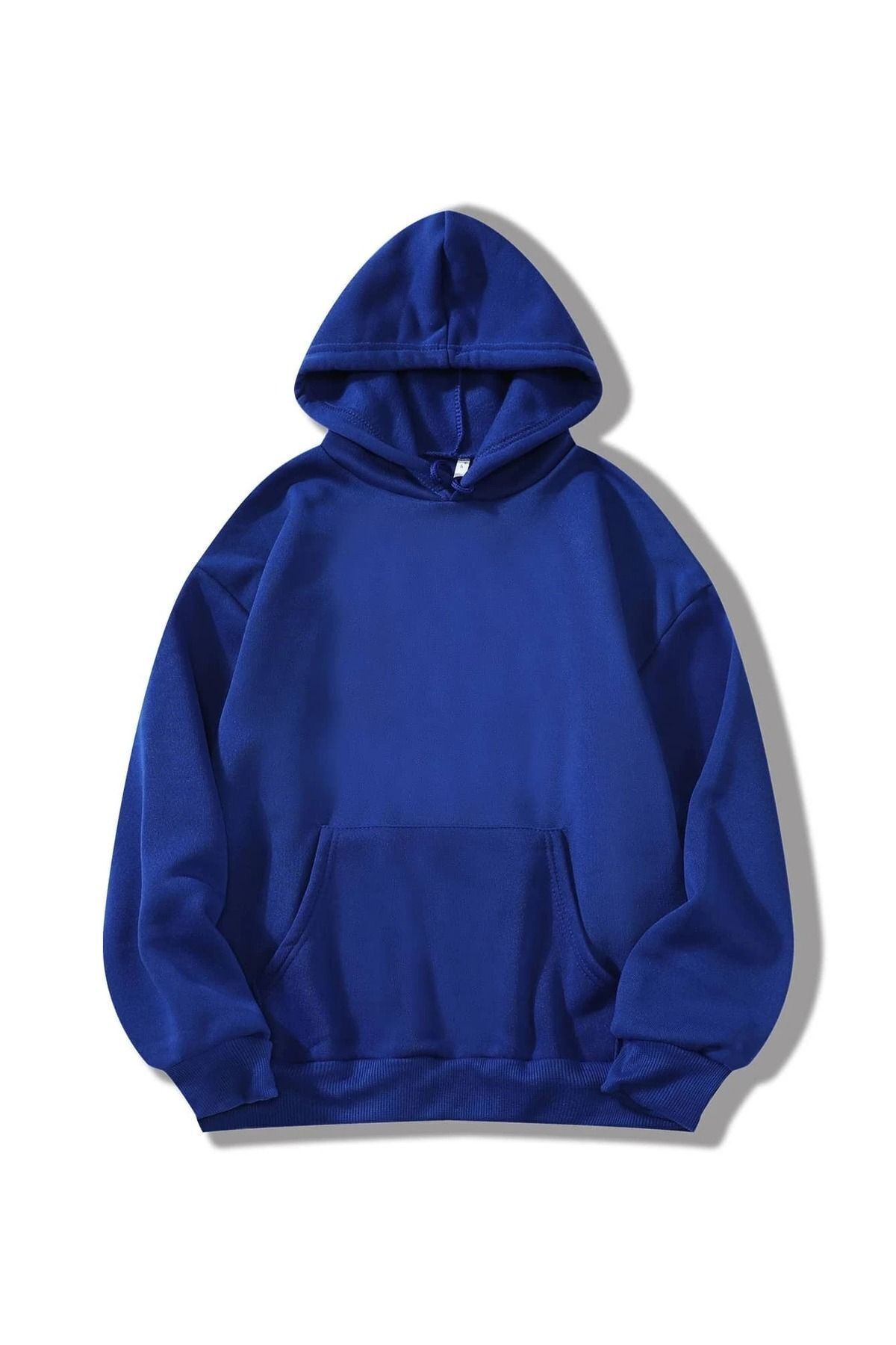 FoxSkin Sportswear&Company Baskısız Kalın Kışlık Sweatshirt - Sax Mavi Oversize Şardonlu Kapüşonlu