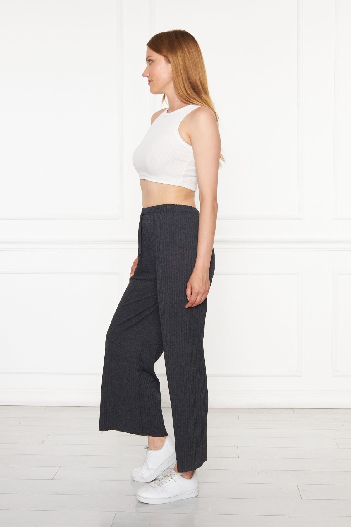 Oyga-Pantaloni și pantaloni de trening antracit cu nervuri pentru femei, pijamale casual pentru acasă 3