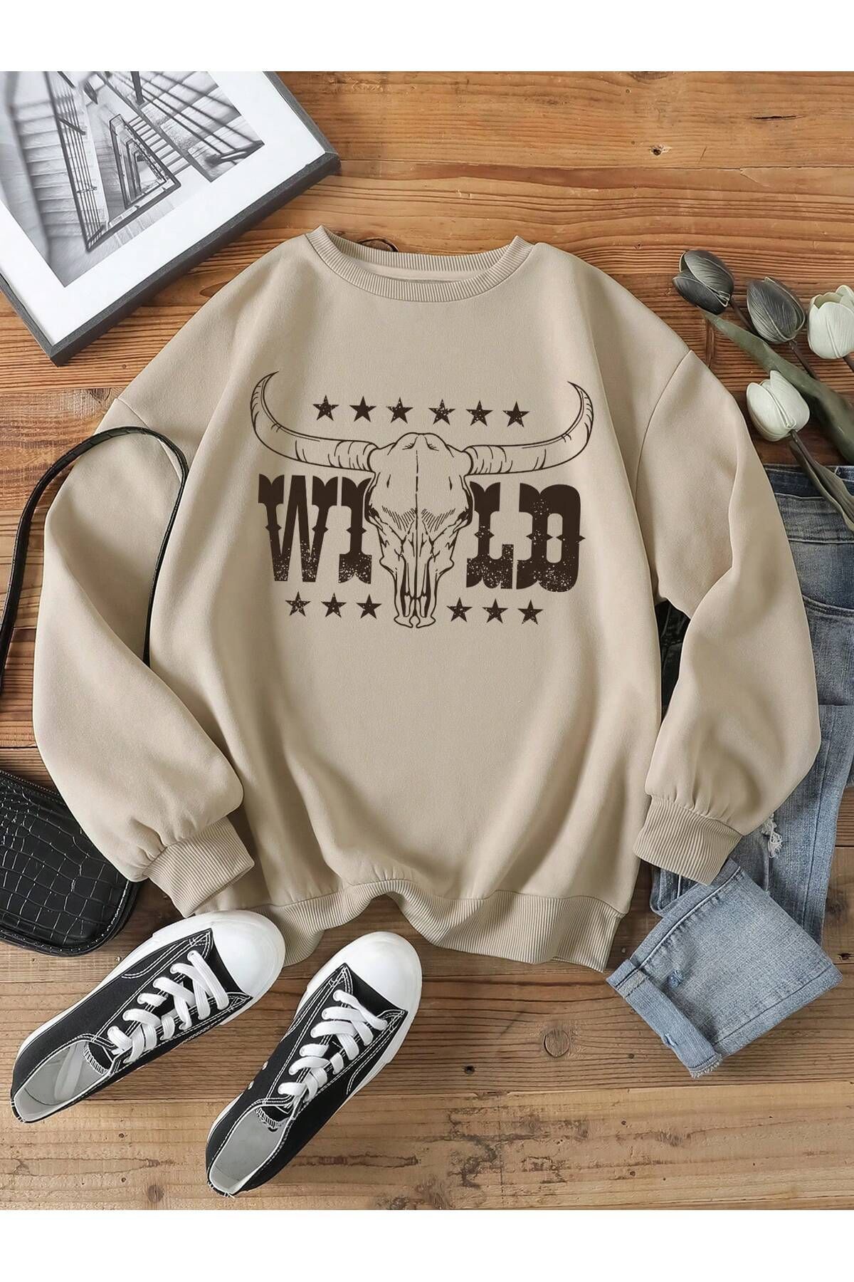 FoxSkin Sportswear&Company Wild Boynuz Kalın Kışlık Sweatshirt - Bej Baskılı Oversize Şardonlu Bisiklet Yaka