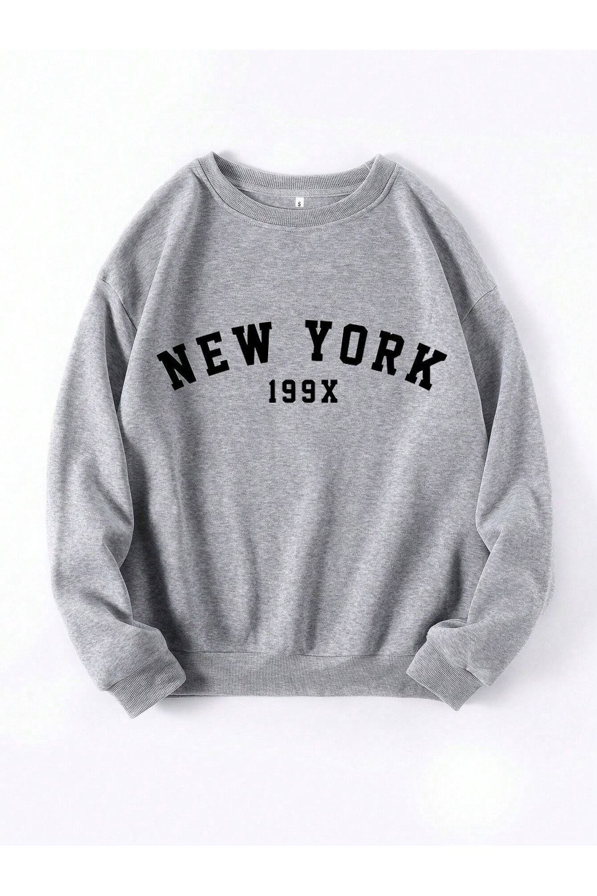 FoxSkin Sportswear&Company New York 199X Kalın Kışlık Sweatshirt - Gri Baskılı Oversize Şardonlu Bisiklet Yaka