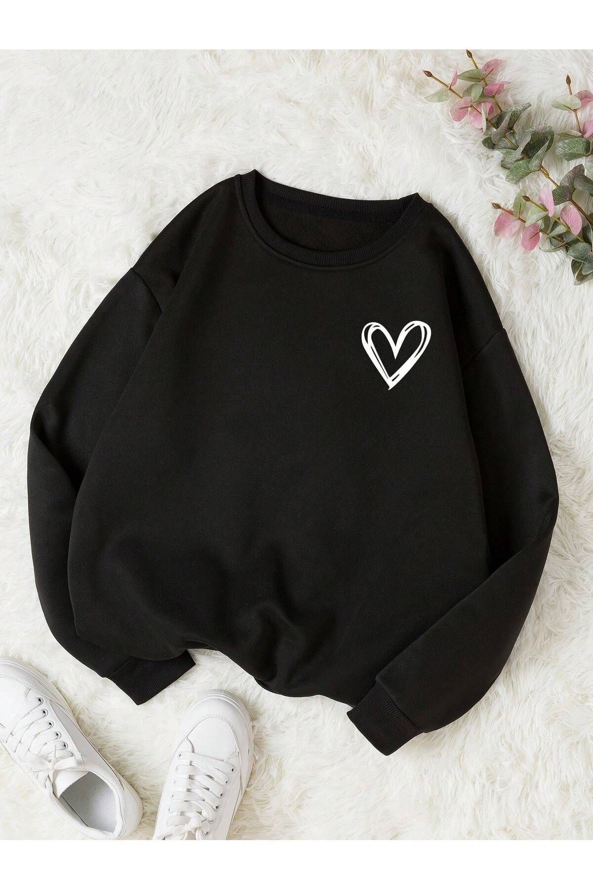 FoxSkin Sportswear&Company Kalp Logolu Kışlık Sweatshirt - Siyah Baskılı Oversize Şardonlu Bisiklet Yaka