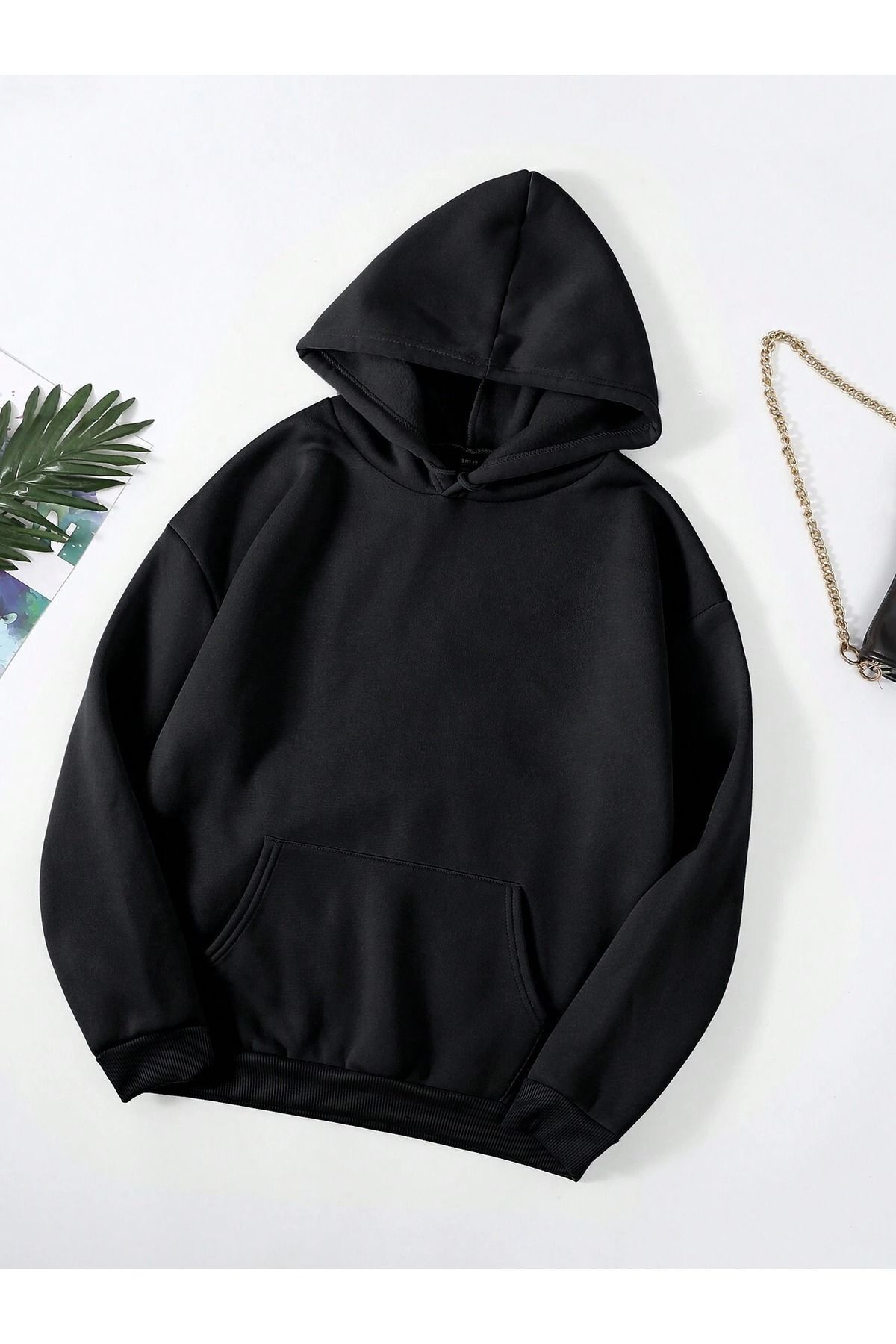 FoxSkin Sportswear&Company Baskısız Kalın Kışlık Sweatshirt - Siyah Oversize Şardonlu Kapüşonlu