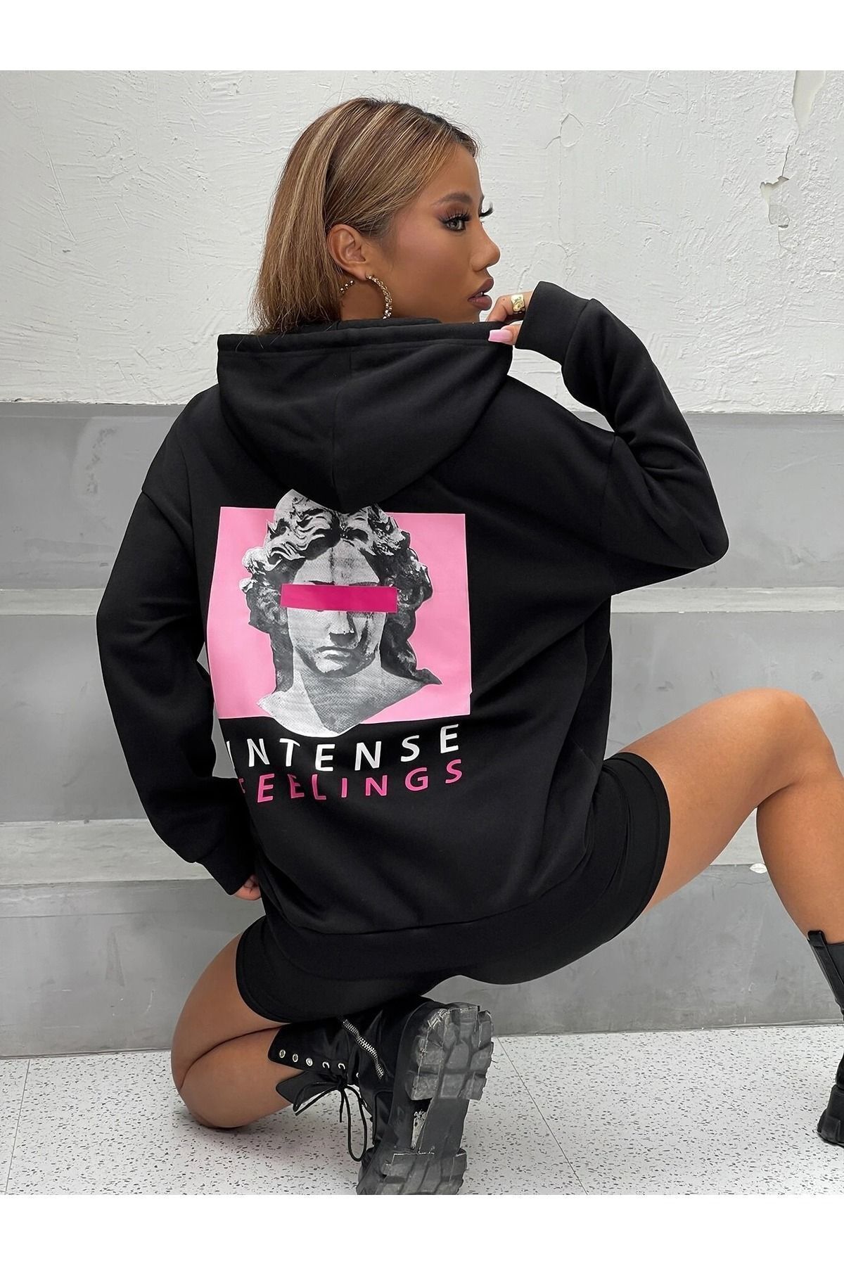 FoxSkin Sportswear&Company Intense Feelings Kalın Kışlık Sweatshirt - Siyah Baskılı Oversize Şardonlu Kapüşonlu