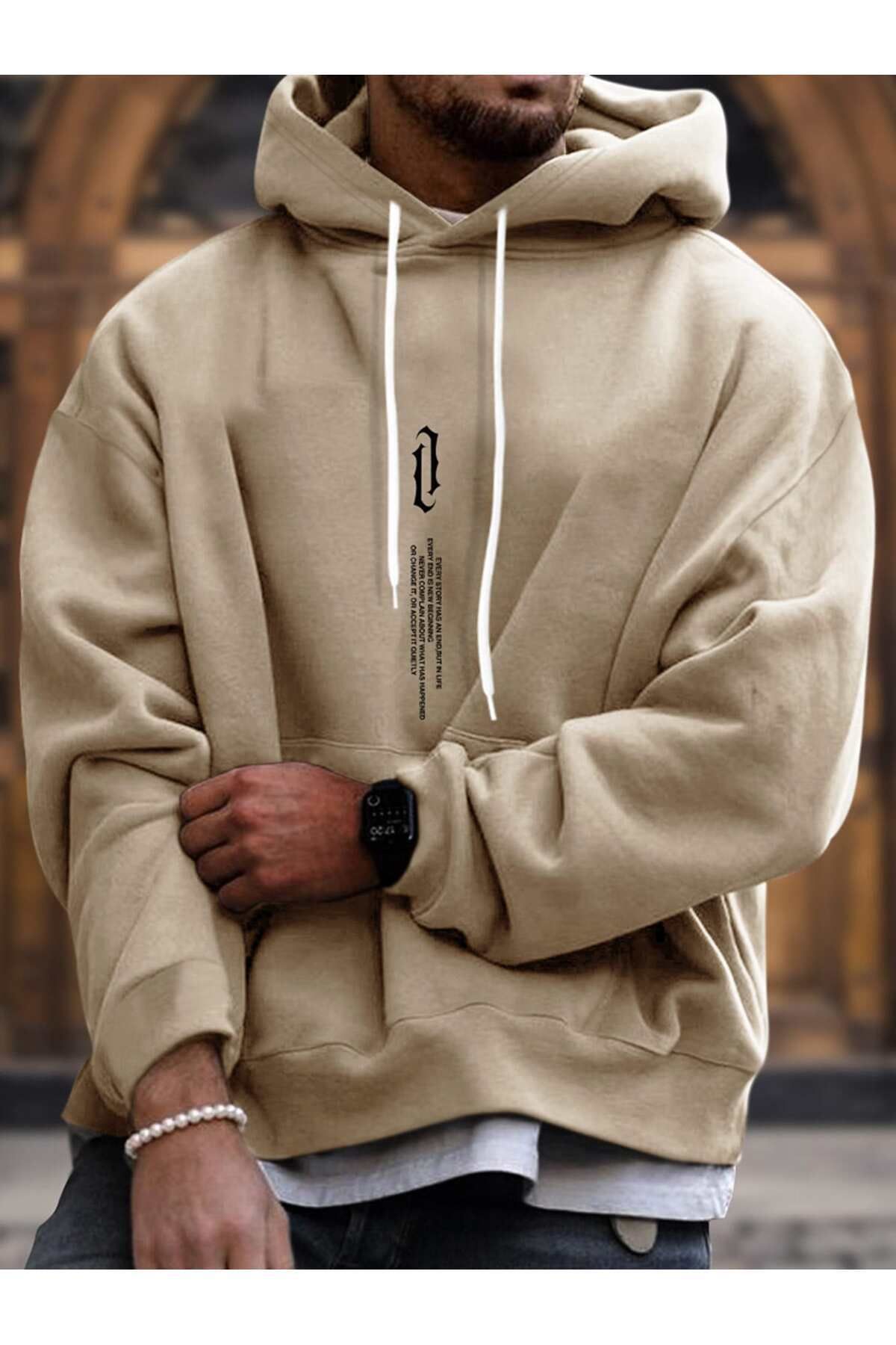 FoxSkin Sportswear&Company Dikey Sembol Kalın Kışlık Sweatshirt - Bej Baskılı Oversize Şardonlu Cepli Kapüşonlu