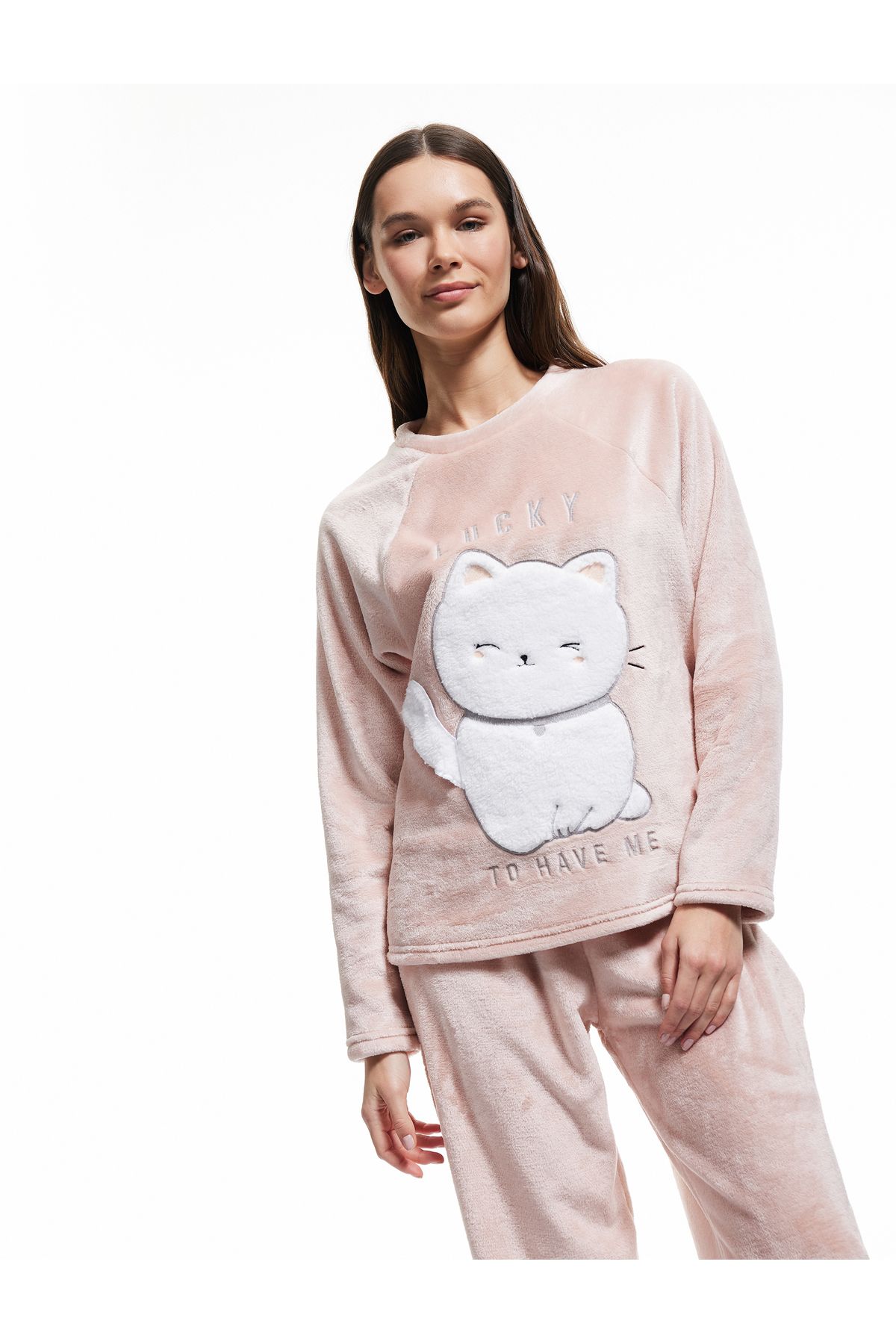 Koton-Cat Applique Detailed Long Sleeve Plush Fleece Pajamas Set 2