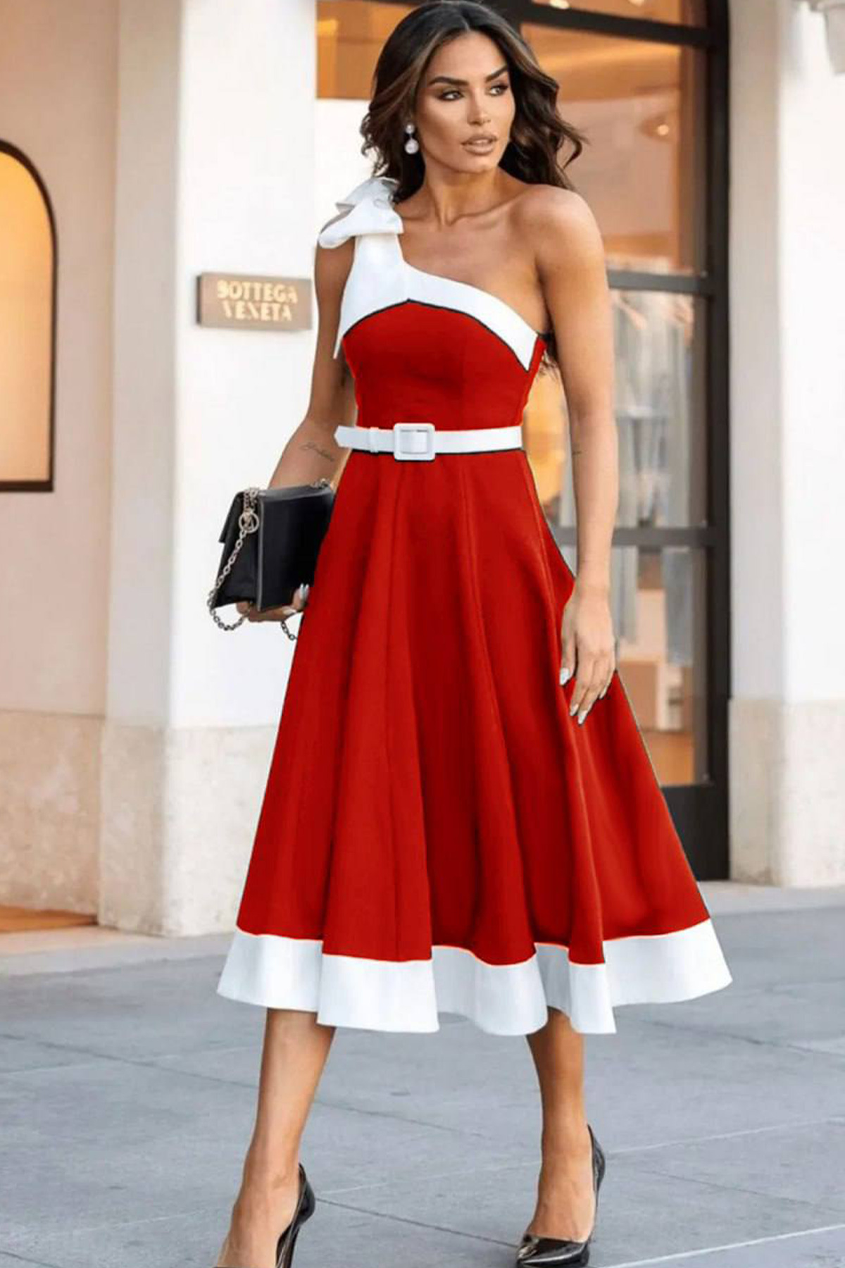 Women's Midi Bowtie Detailed Belted Evening Dress