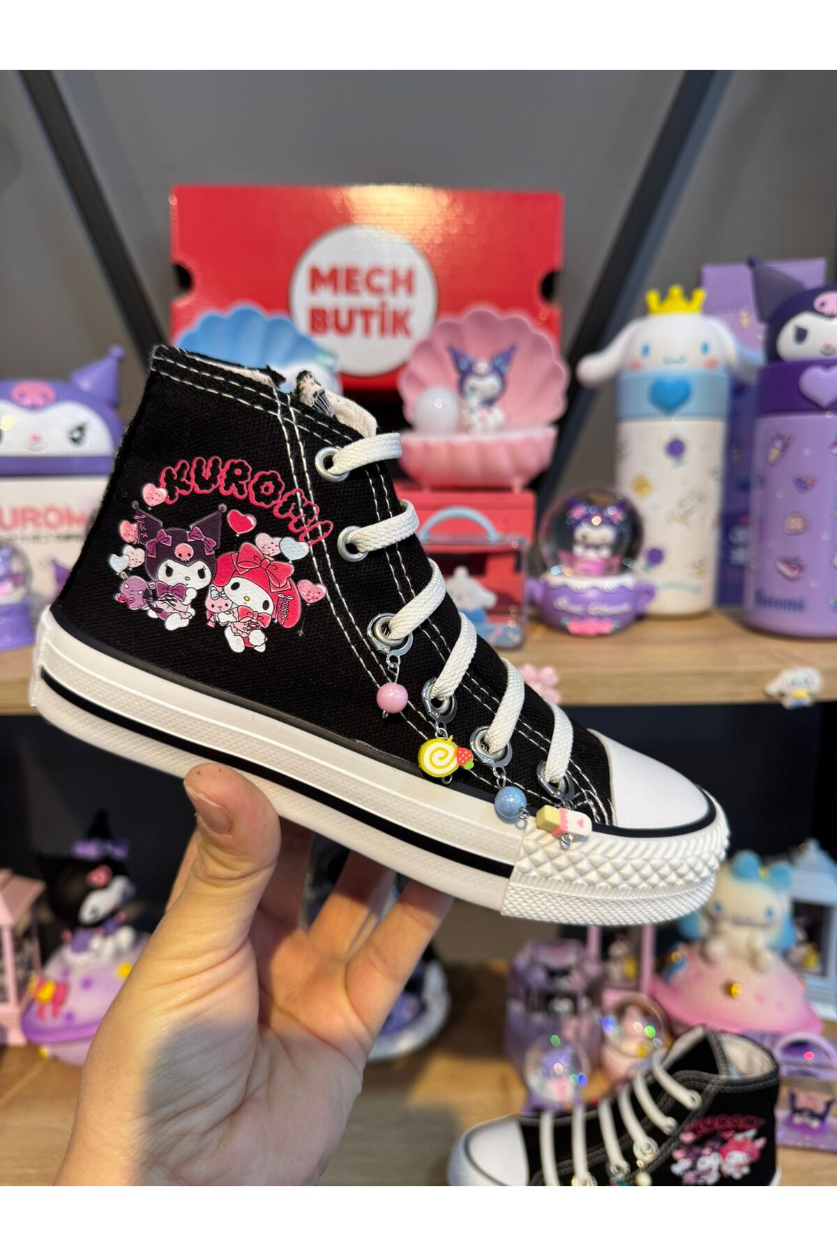 MECH BUTİK Kuromi Balon Baskılı Boncuklu Fermuarlı Ve Lastik Sabit