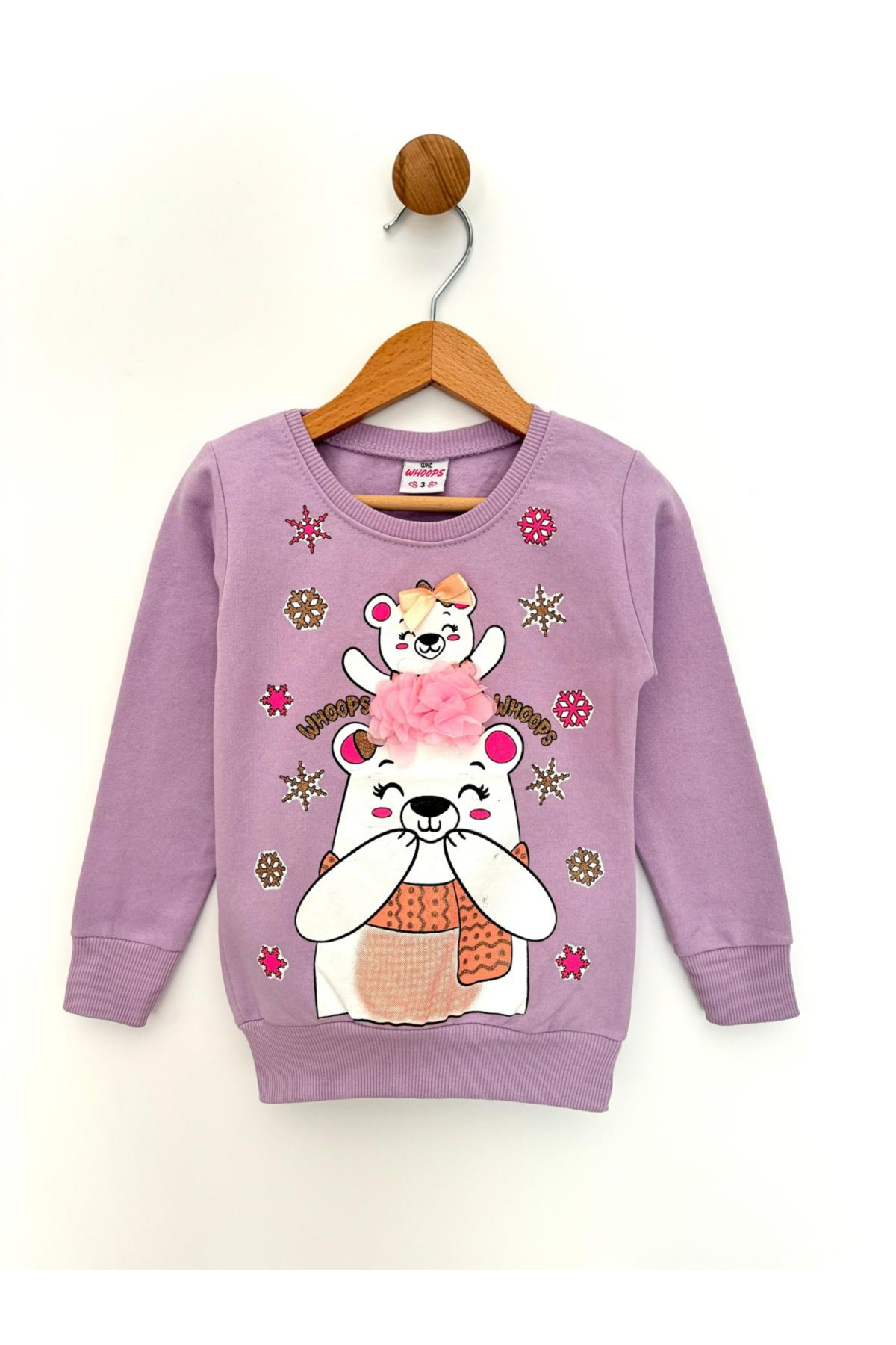 By Cwhr %100 Pamuk 2 İpliik Ayıcık Baskılı Manşet Kollu Kışlık Kız Çocuk Sweatshirt fotoğrafı 3 (önizleme)