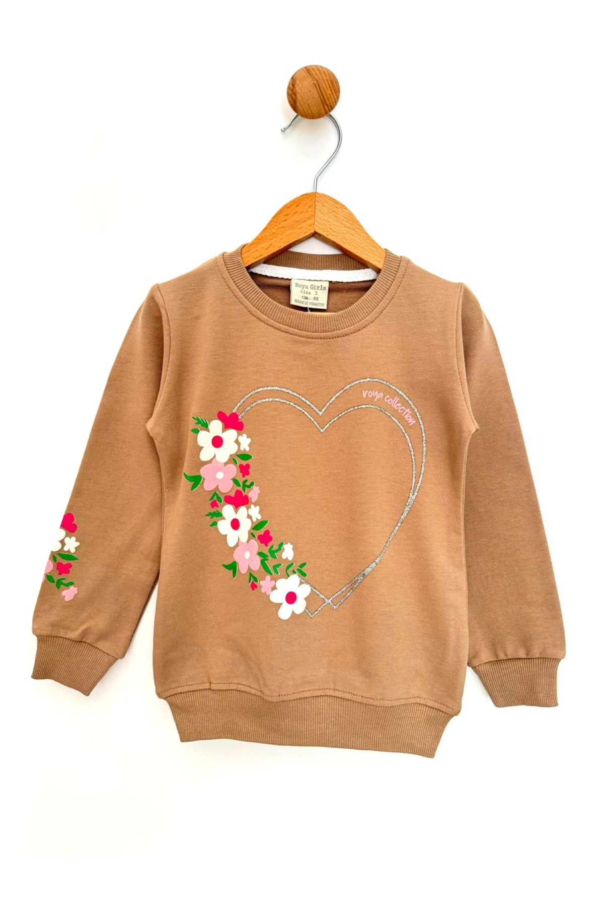 By Cwhr %100 Pamuk 2 İpliik Çiçekli Kalp Kolu Çiçek Baskılı Manşet Kollu Mevsimlik Kız Çocuk Sweatshirt fotoğrafı 3 (önizleme)