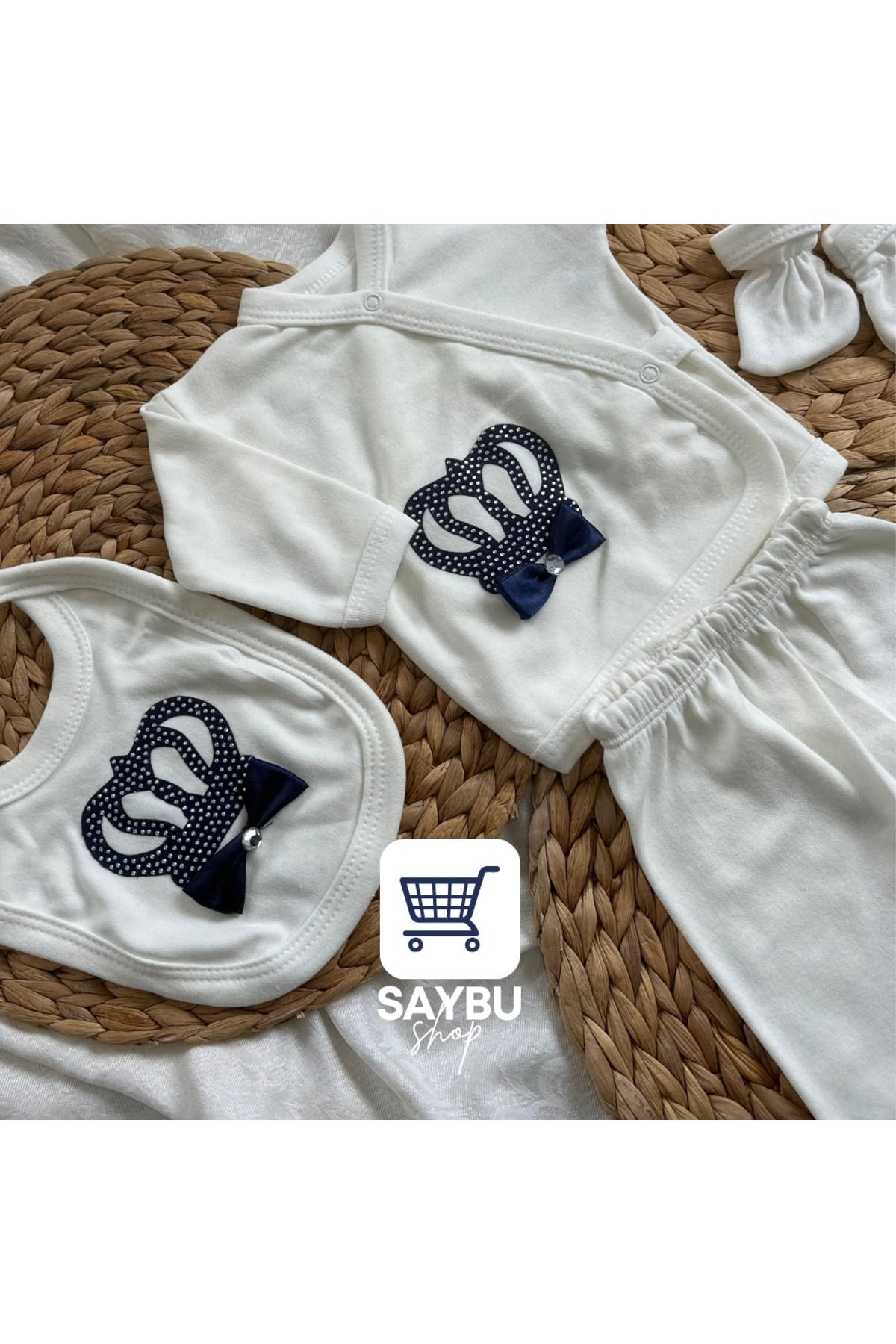 SAYBUSHOP-Pink/Navy Blue 5-Piece Hospital Release Set - Baby Romper, Socks, Hat, Gloves and Cardigan 2