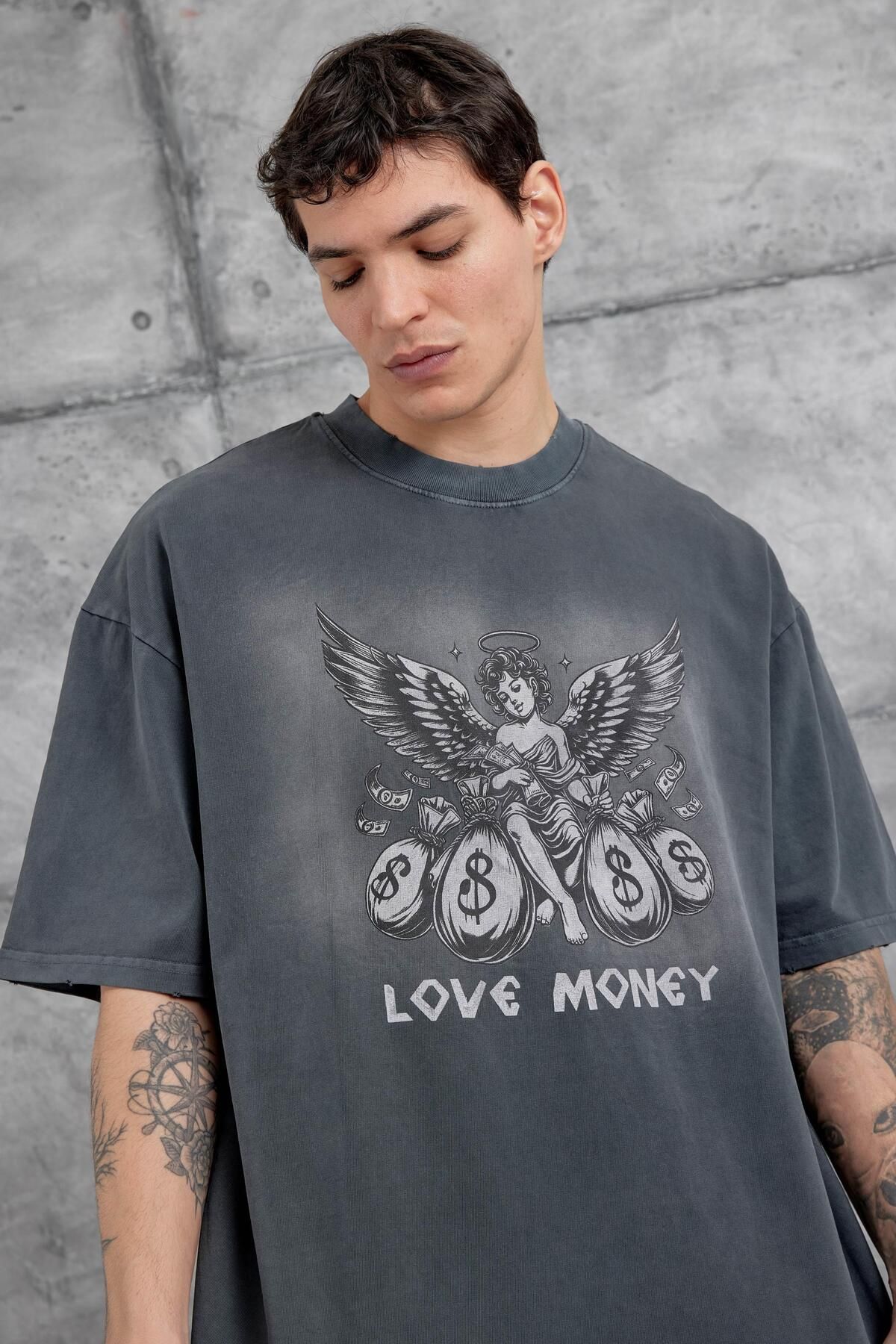 NOMARC-Smoked Love Money Written Washed Oversize Tshirt 2