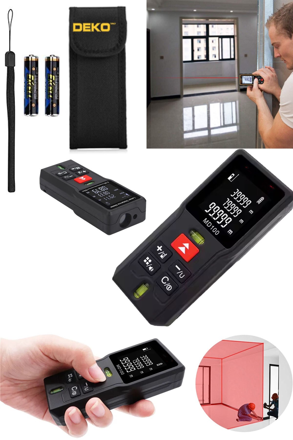 DEKO Turkey Dijital Göstergeli 60Mt Mesafe Ölçüm Yapabilen Çift Terazili Lazermetre Lazer Ölçüm Mesafe Ölçer
