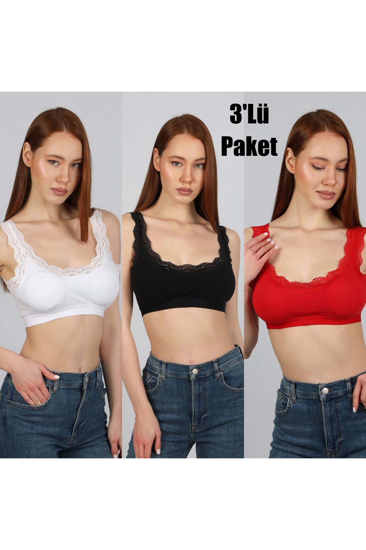 Şenay-Women's Lace Bustier with Pads 3 Pcs Black/Red Economic Package 1