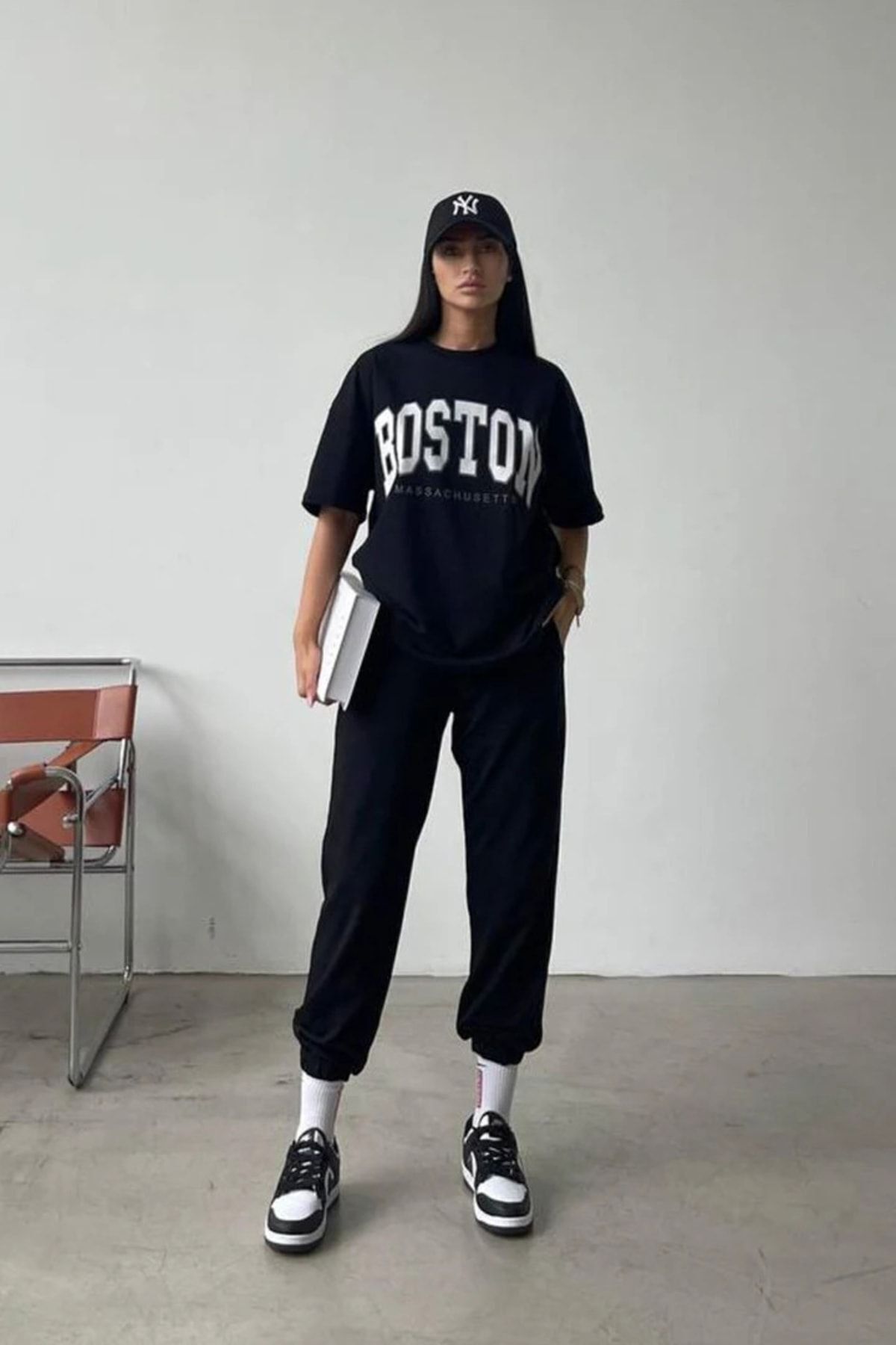 FoxSkin Sportswear&Company Boston Massachusett T-shirt Eşofman Altı Jogger - Siyah Baskı Eşofman Takımı Oversize Bisiklet Yaka