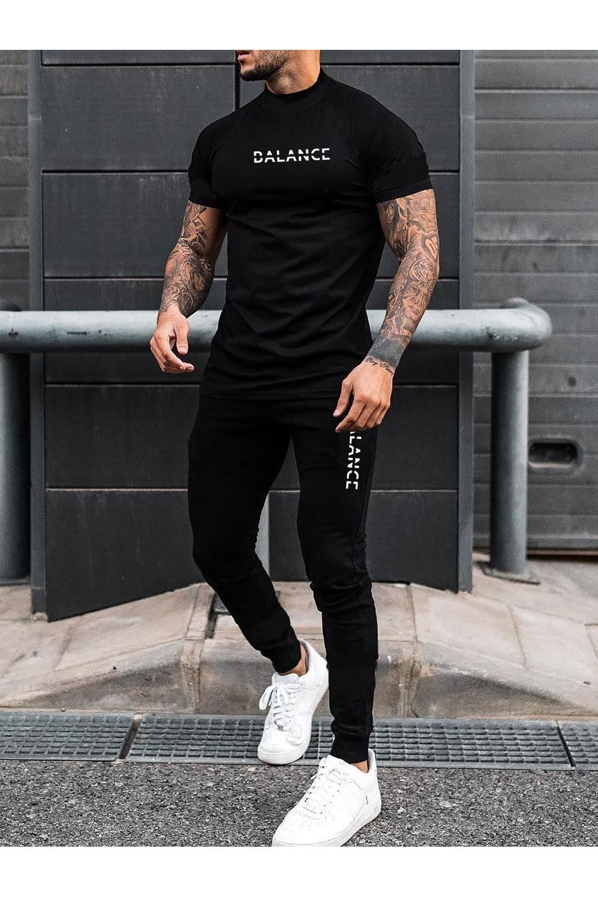 FoxSkin Sportswear&Company Balance Kesik T-Shirt Eşofman Altı Jogger - Siyah Baskılı Eşofman Takımı Bisiklet Yaka