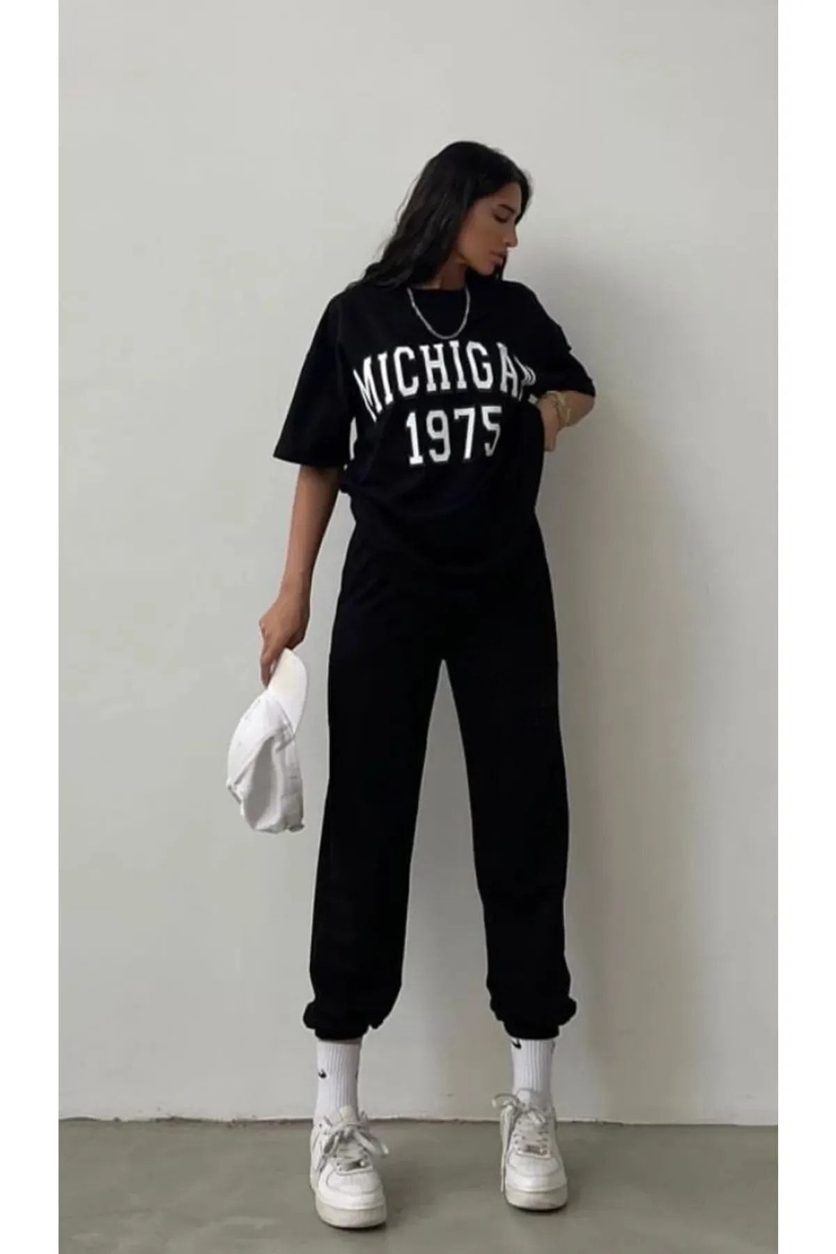 FoxSkin Sportswear&Company Michigan 1975 T-shirt Eşofman Altı Jogger - Siyah Baskılı Eşofman Takımı Oversize Bisiklet Yaka