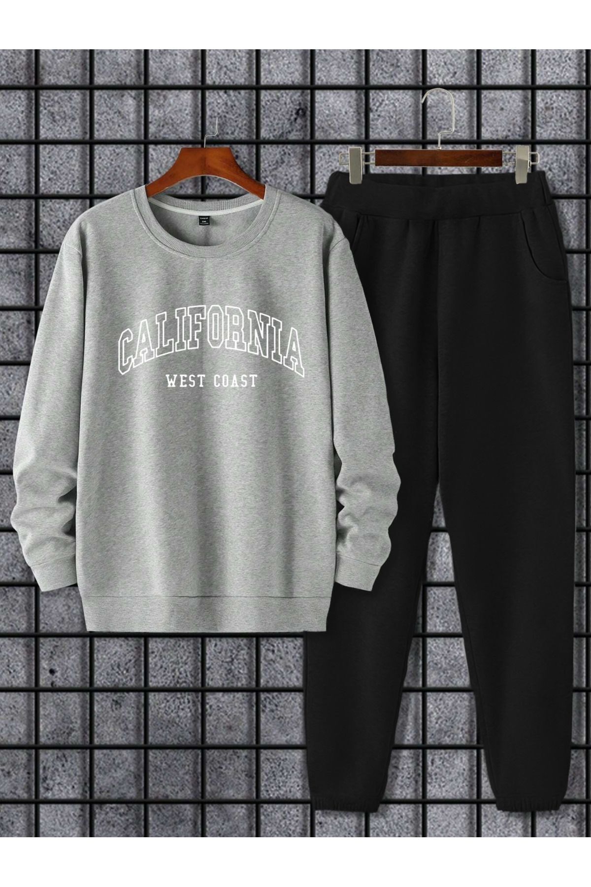 FoxSkin Sportswear&Company Gri Siyah Californıa West Coast Baskılı Oversize Alt Üst Eşofman Takımı Lastik Paça