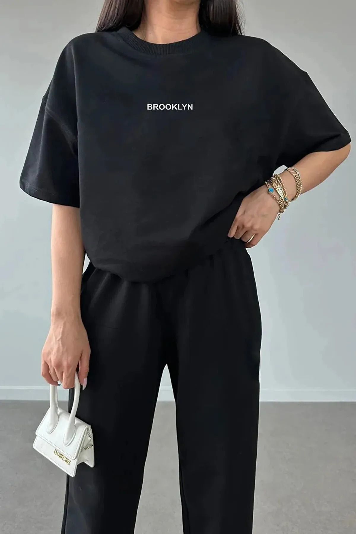 FoxSkin Sportswear&Company Brooklyn Logo T-shirt Eşofman Altı Jogger - Siyah Baskılı Eşofman Takımı Oversize Bisiklet Yaka