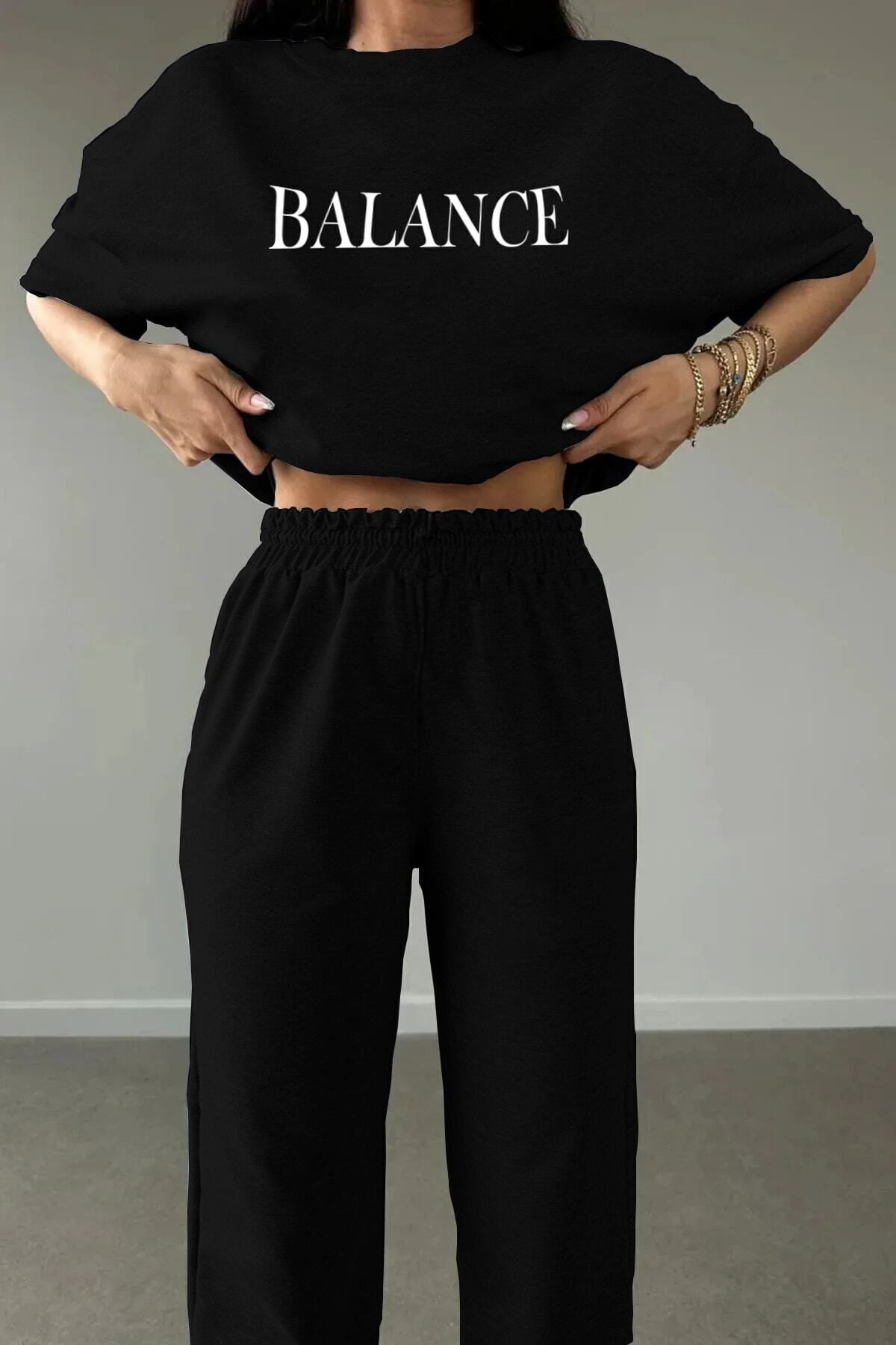 FoxSkin Sportswear&Company Balance T-shirt Eşofman Altı Jogger - Siyah Baskılı Eşofman Takımı Oversize Bisiklet Yaka