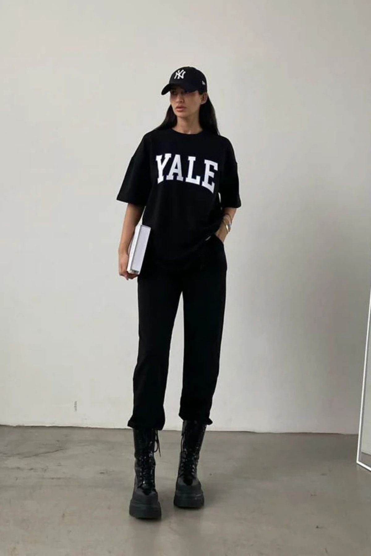 FoxSkin Sportswear&Company Yale T-shirt Eşofman Altı Jogger - Siyah Baskılı Eşofman Takımı Oversize Bisiklet Yaka