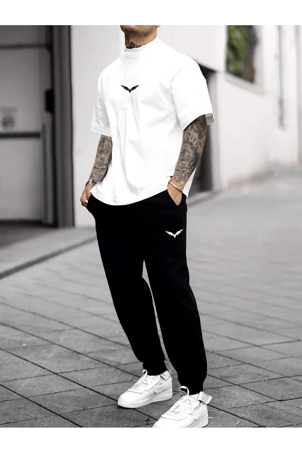 FoxSkin Sportswear&Company Wings T-Shirt Eşofman Altı Jogger - Beyaz Siyah Baskılı Eşofman Takımı Bisiklet Yaka