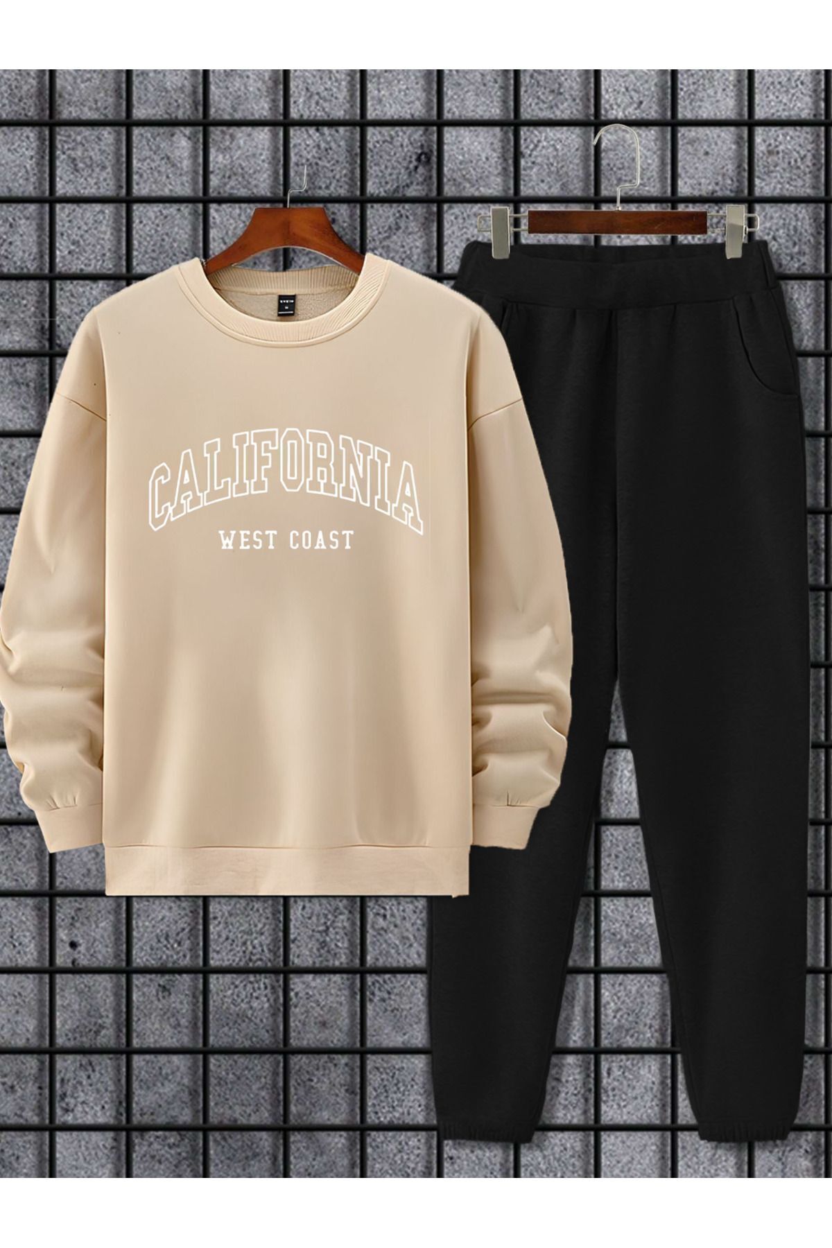 FoxSkin Sportswear&Company Bej Siyah Californıa West Coast Baskılı Oversize Alt Üst Eşofman Takımı Lastik Paça