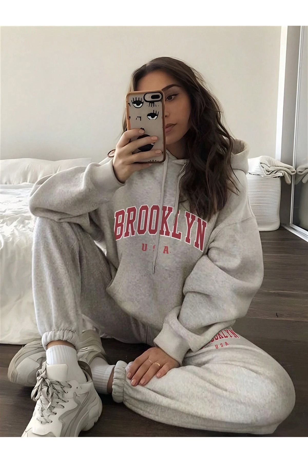 FoxSkin Sportswear&Company Sweatshirt Eşofman Altı Jogger - Gri Baskılı Alt Üst Eşofman Takımı Kapüşonlu