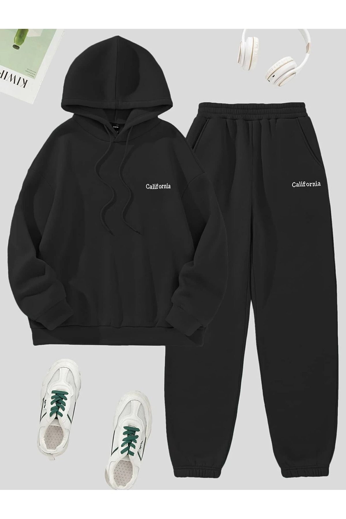 FoxSkin Sportswear&Company California Yazı Sweatshirt Eşofman Altı Jogger - Siyah Baskılı Alt Üst Eşofman Takımı Kapüşonlu