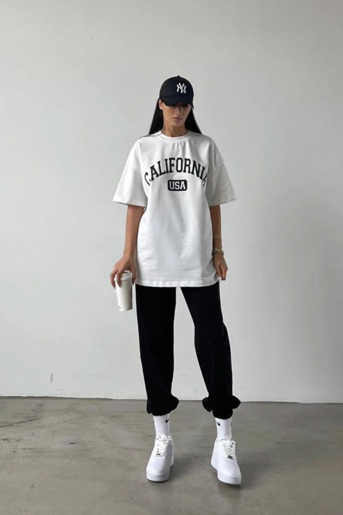FoxSkin Sportswear&Company California Usa T-shirt Eşofman Altı Jogger - Beyaz Siyah Baskı Eşofman Takımı Oversize Bisiklet Yaka