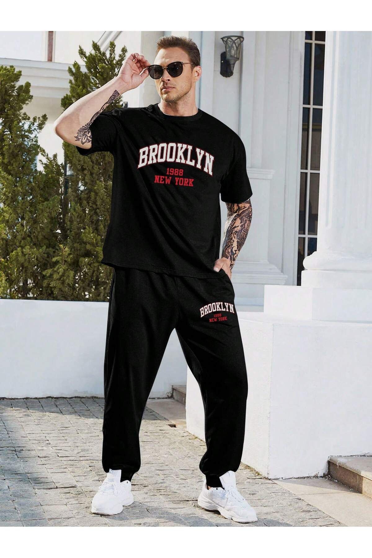 FoxSkin Sportswear&Company Brooklyn 1988 T-shirt Eşofman Altı Jogger - Siyah Baskılı Eşofman Takımı Oversize Bisiklet Yaka