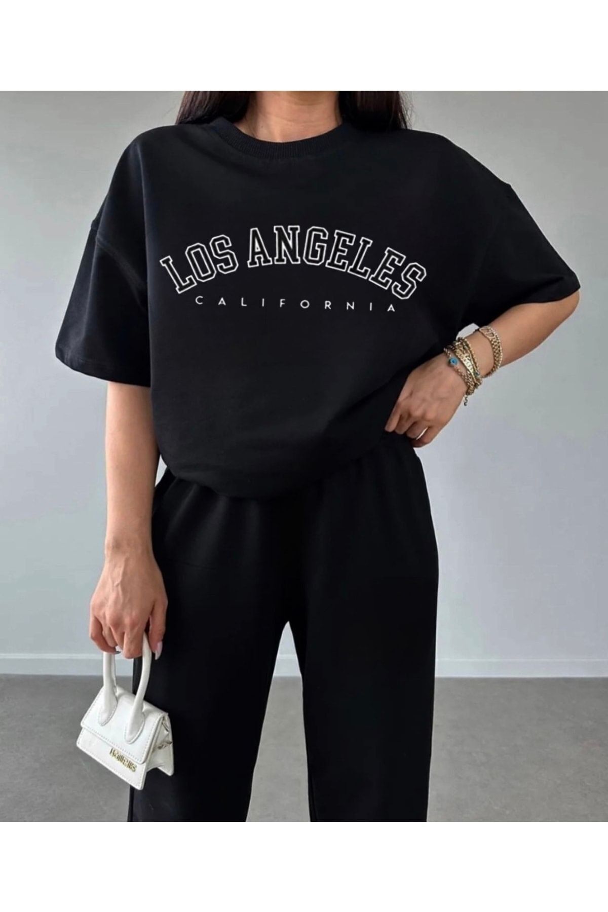 FoxSkin Sportswear&Company Los Angeles T-shirt Eşofman Altı Jogger - Siyah Baskılı Eşofman Takımı Oversize Bisiklet Yaka