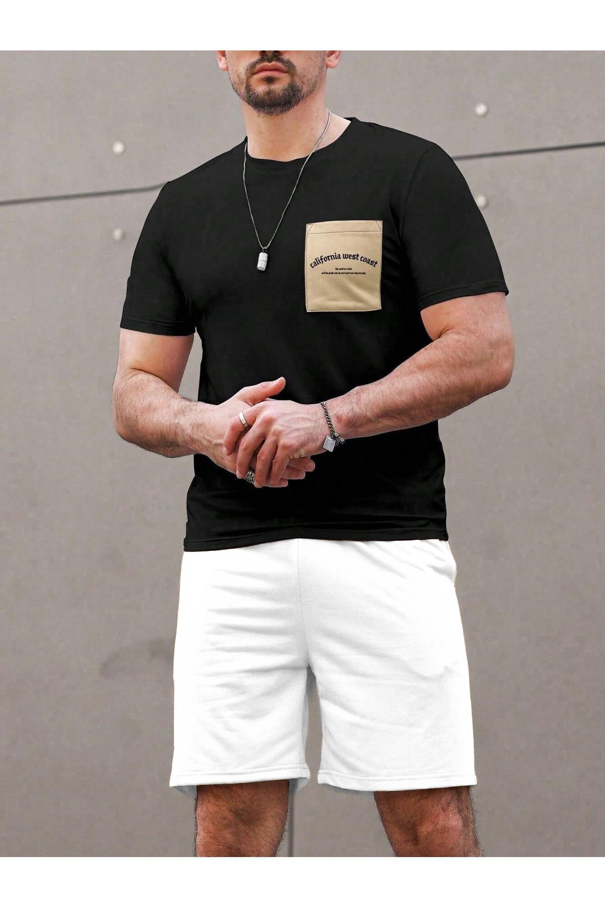 FoxSkin Sportswear&Company Cep California T-Shirt Şort - Siyah Beyaz Alt Üst Takım Şort Tişört Kombin Baskılı Bisiklet Yaka