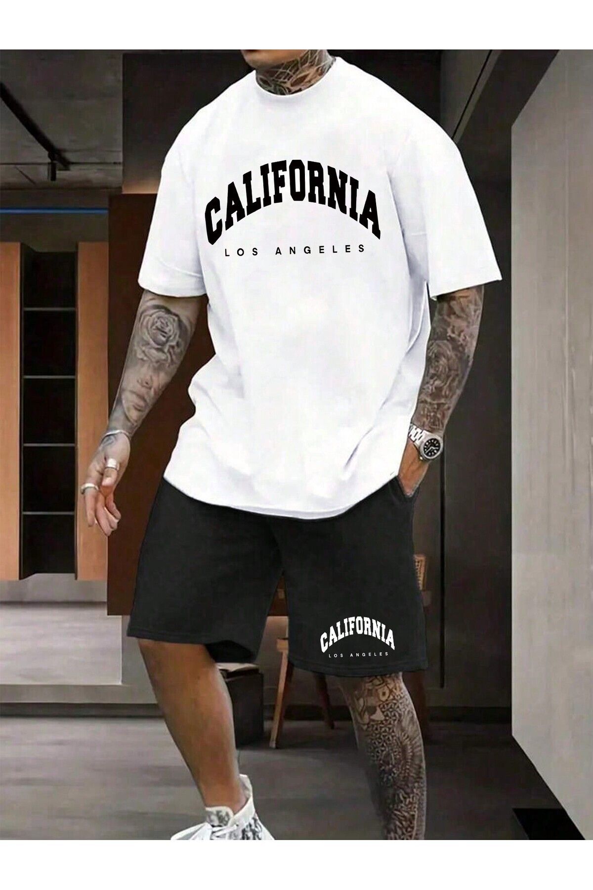 FoxSkin Sportswear&Company California Los T-Shirt Şort - Beyaz Siyah Alt Üst Takım Şort Tişört Kombin Baskılı Bisiklet Yaka
