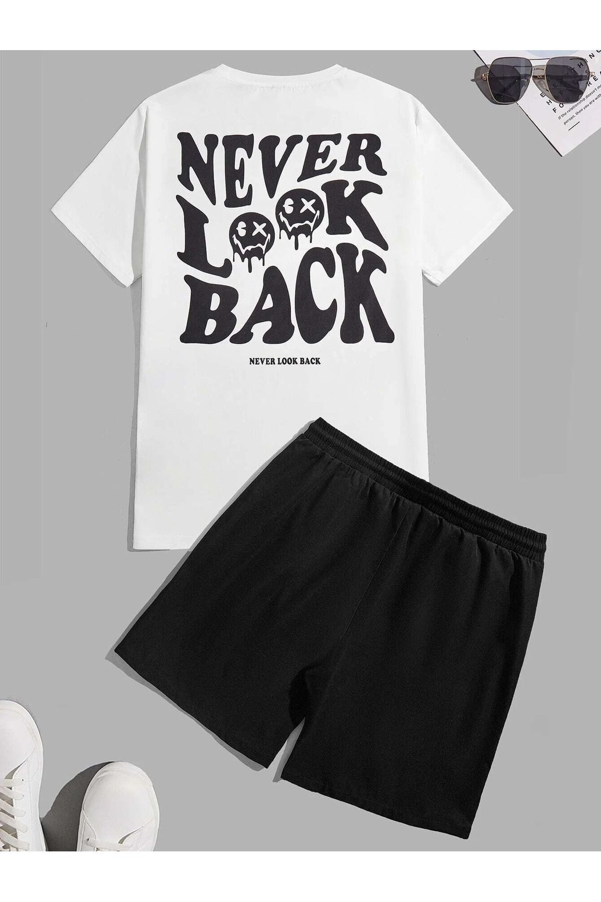 FoxSkin Sportswear&Company Never Look Back T-Shirt Şort - Beyaz Siyah Alt Üst Takım Şort Tişört Kombin Baskılı Bisiklet Yaka