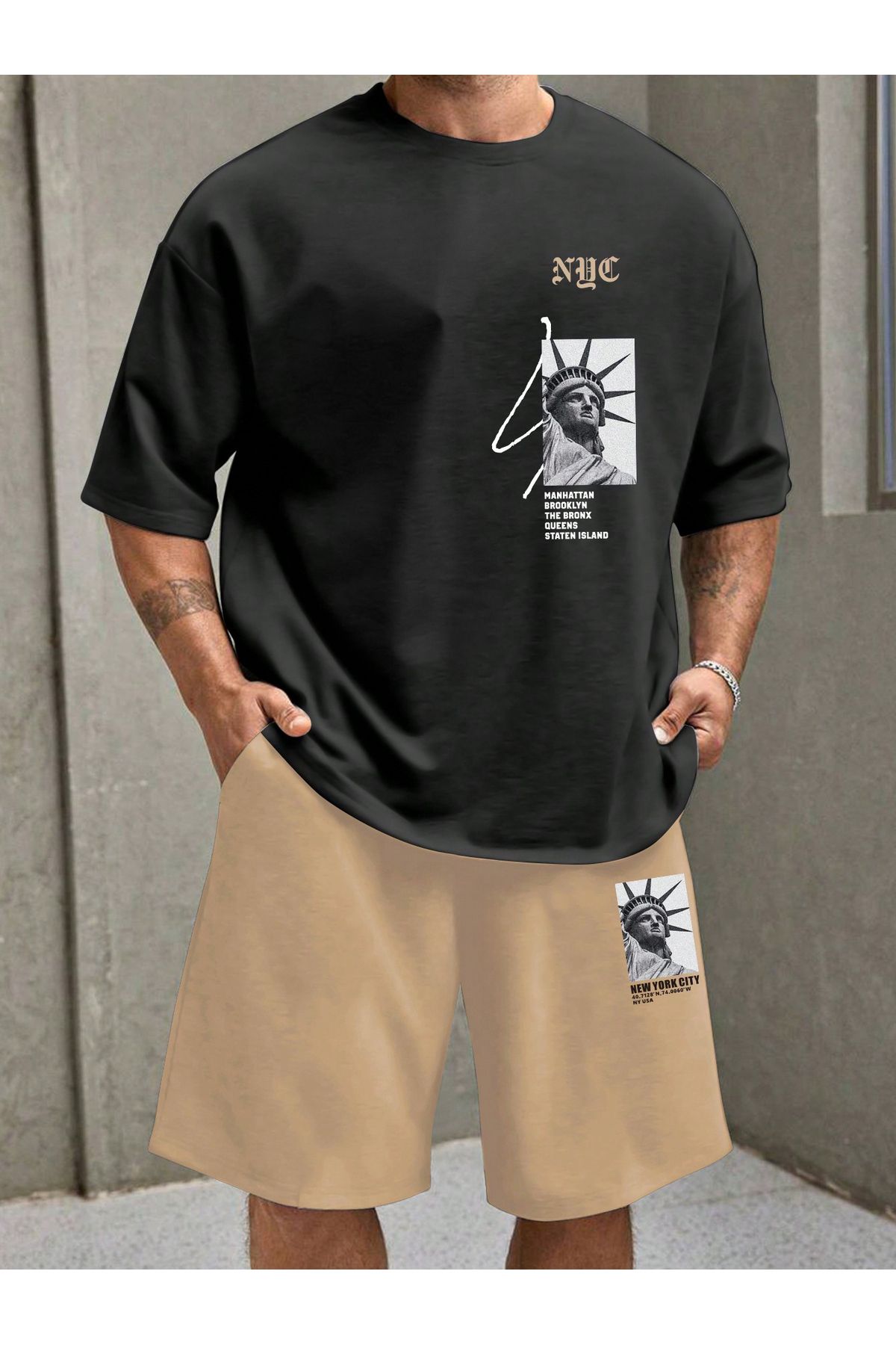 FoxSkin Sportswear&Company Nyc Heykel Tasarım T-Shirt Şort - Bej Siyah Alt Üst Takım Şort Tişört Kombin Baskılı Bisiklet Yaka