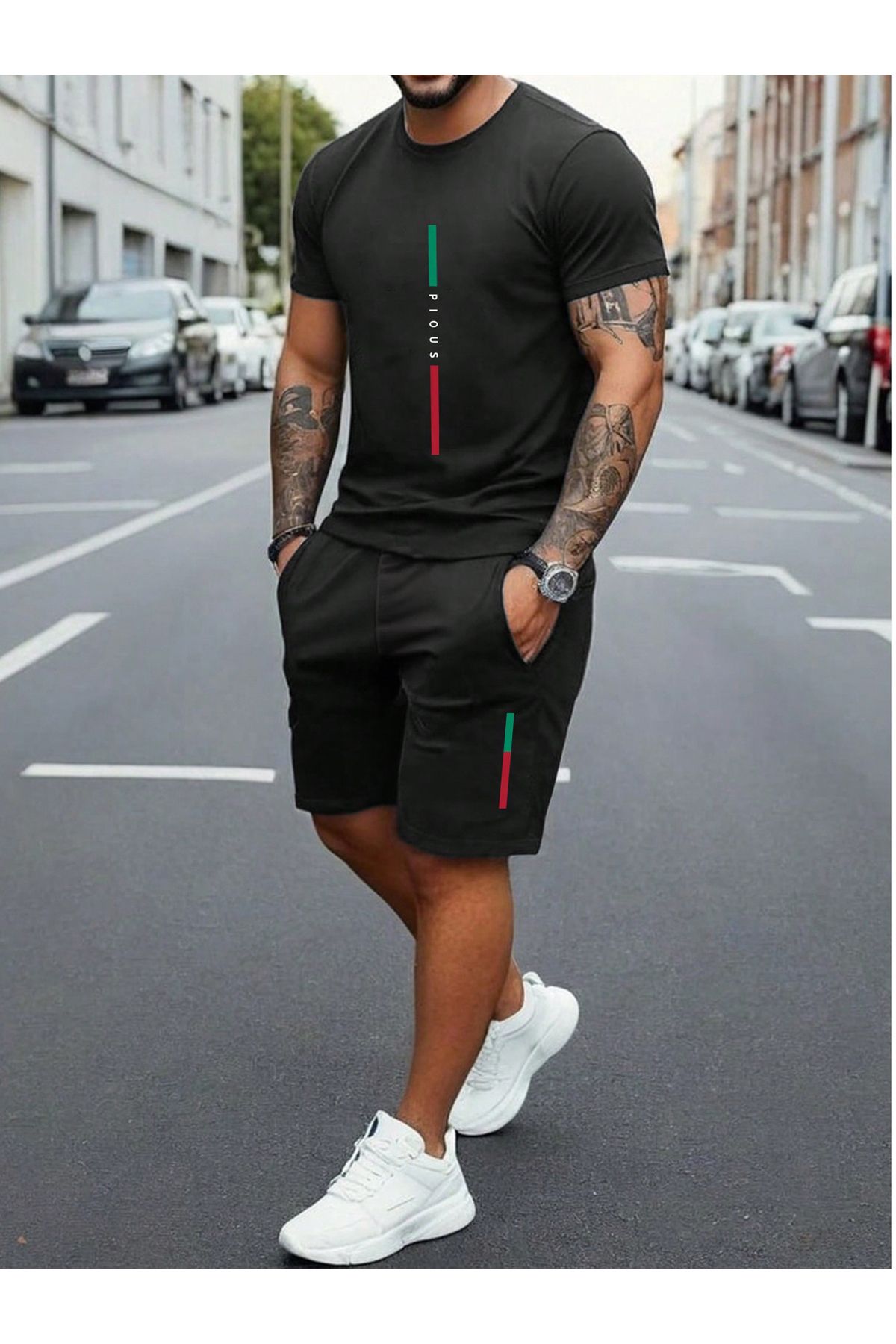FoxSkin Sportswear&Company Pious Çizgi T-Shirt Şort - Siyah Alt Üst Takım Şort Tişört Kombin Baskılı Bisiklet Yaka
